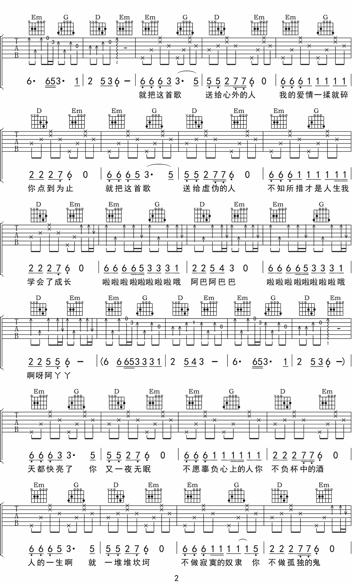 《点歌的人吉他谱》海来阿木_G调六线谱_网络转载制谱