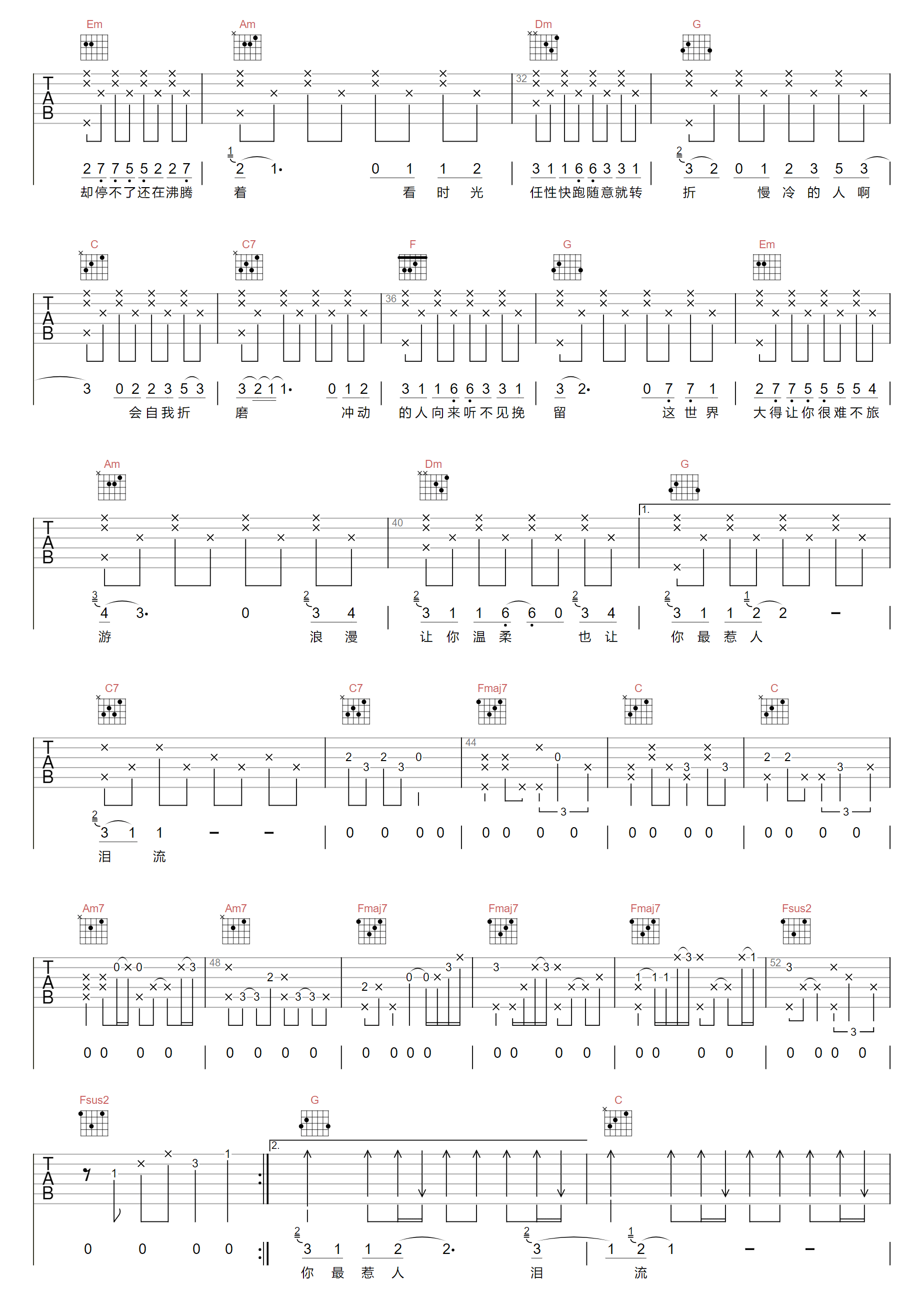 《慢冷吉他谱》梁静茹_C调六线谱_Shmily制谱