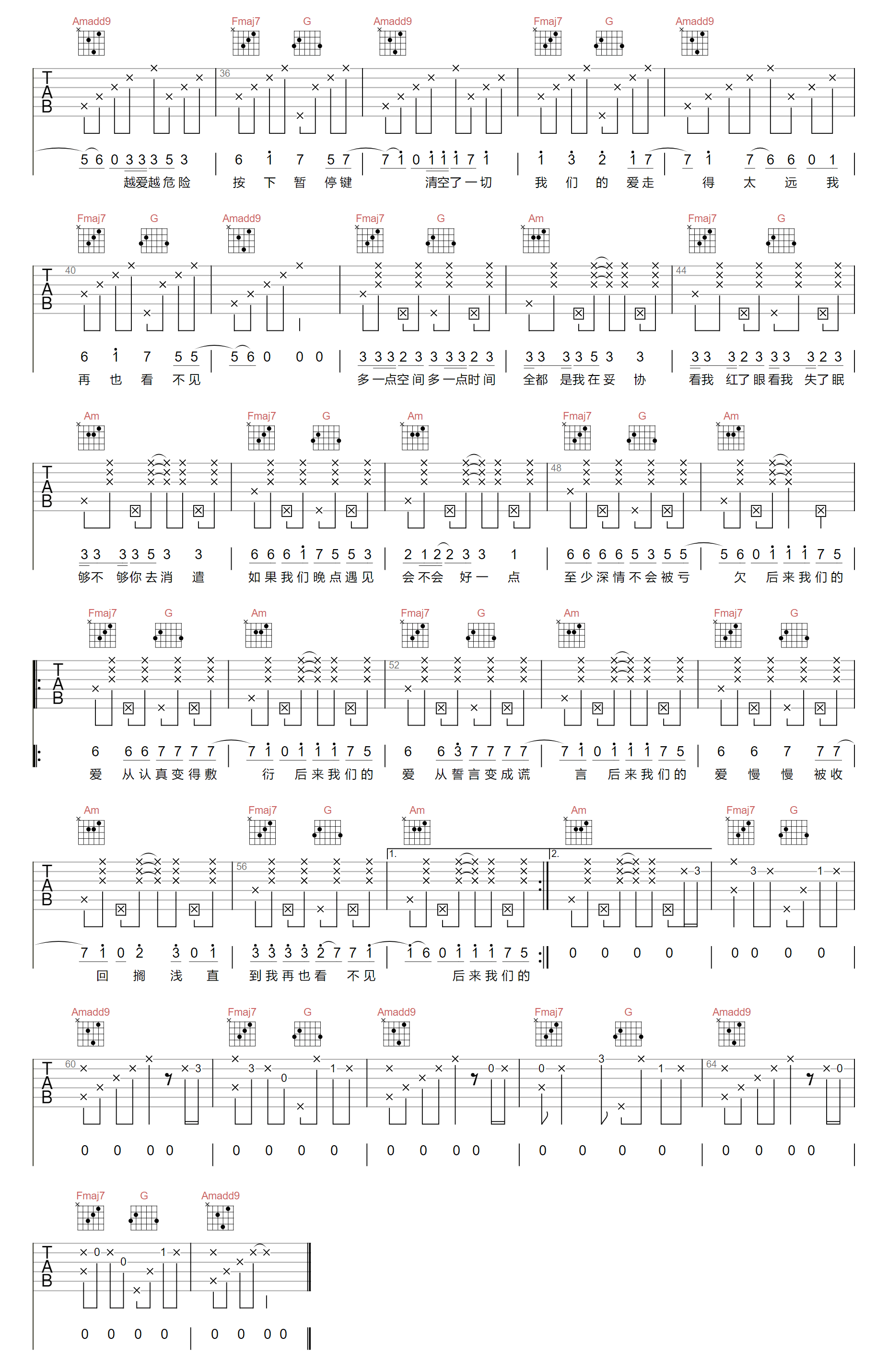 《后来我们的爱吉他谱》陆杰AWR_C调六线谱_浪淘沙制谱