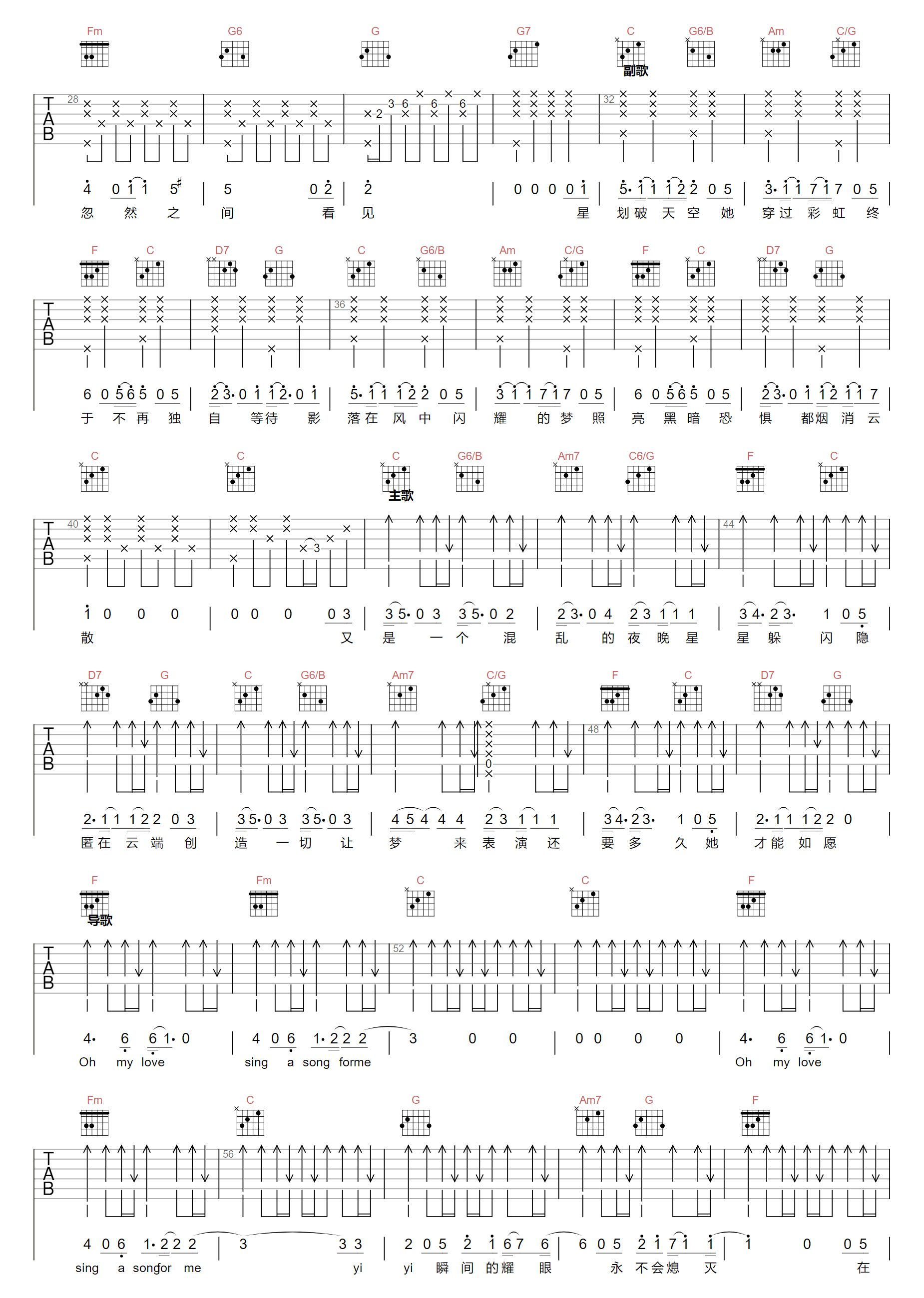 《梦在黎明破晓时吉他谱》盘尼西林_C调六线谱_两万五制谱