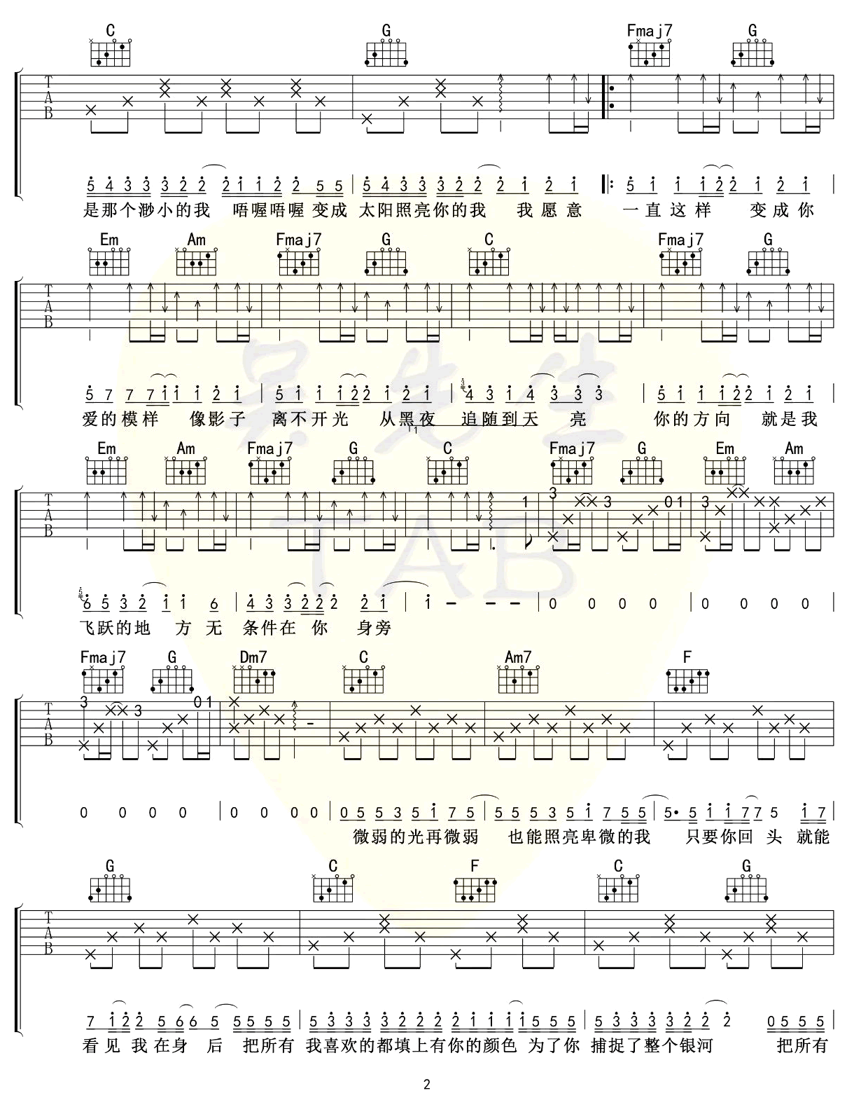 《追吉他谱》陈壹千_C调六线谱_吴先生TAB制谱