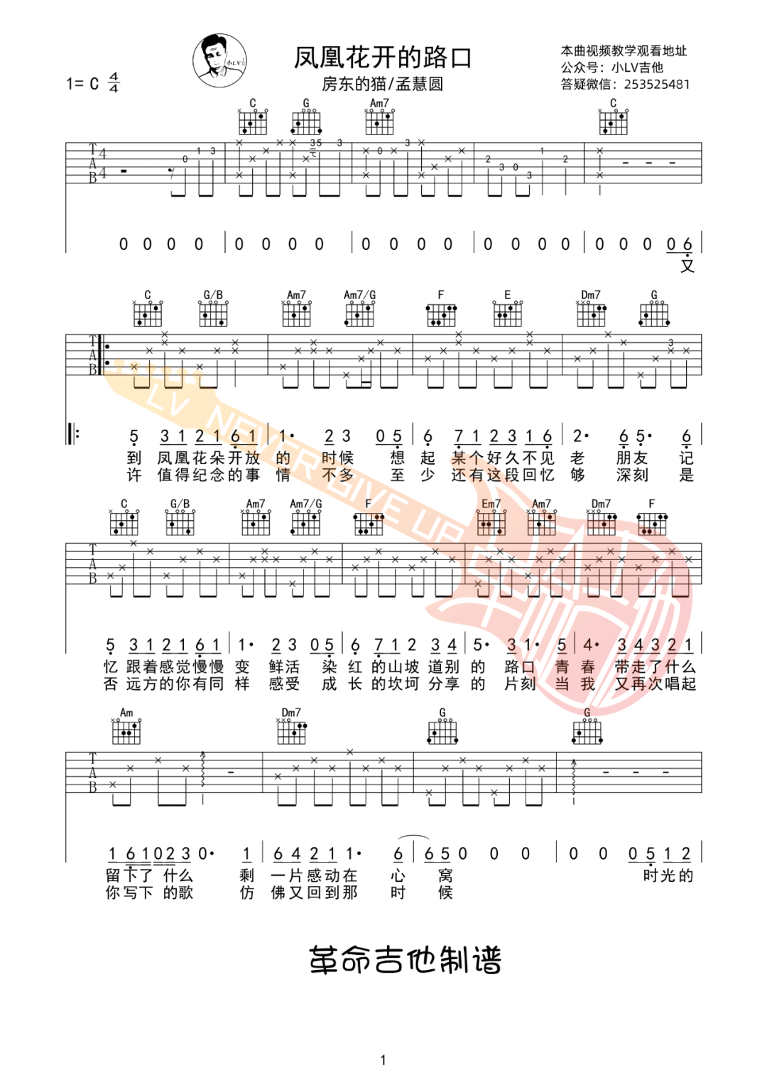 《凤凰花开的路口吉他谱》房东的猫_C调六线谱_革命吉他制谱