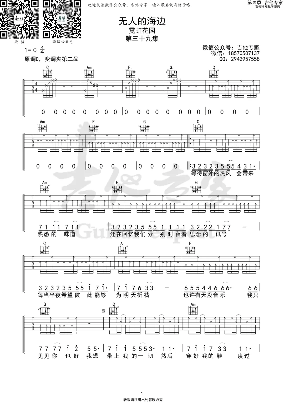 《无人的海边吉他谱》霓虹花园_C调六线谱_吉他专家制谱