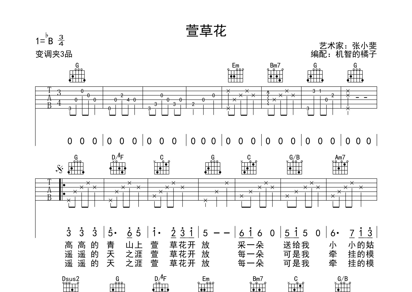 《萱草花吉他谱》张小斐_G调六线谱_机智的橘子制谱