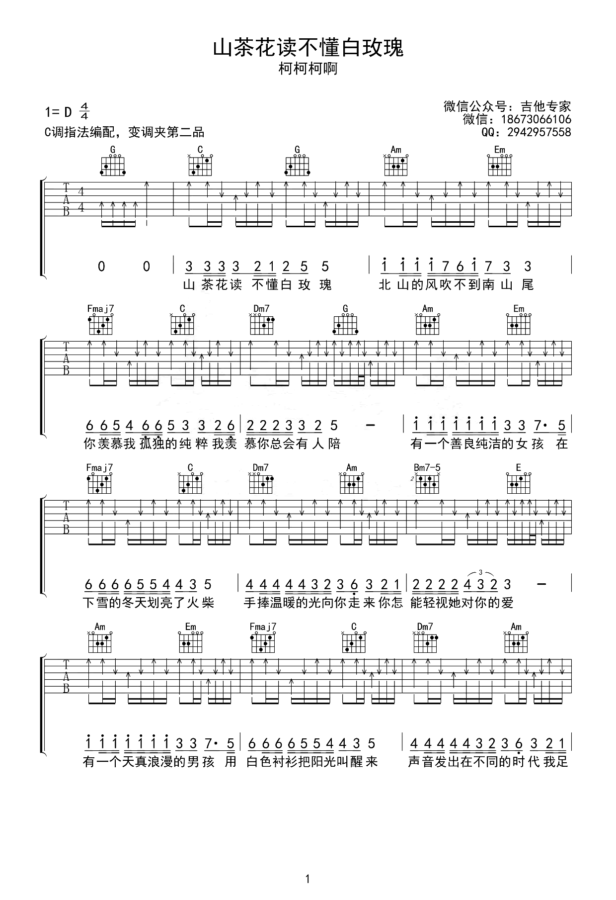 《山茶花读不懂白玫瑰吉他谱》柯柯柯啊_C调扫弦完整版