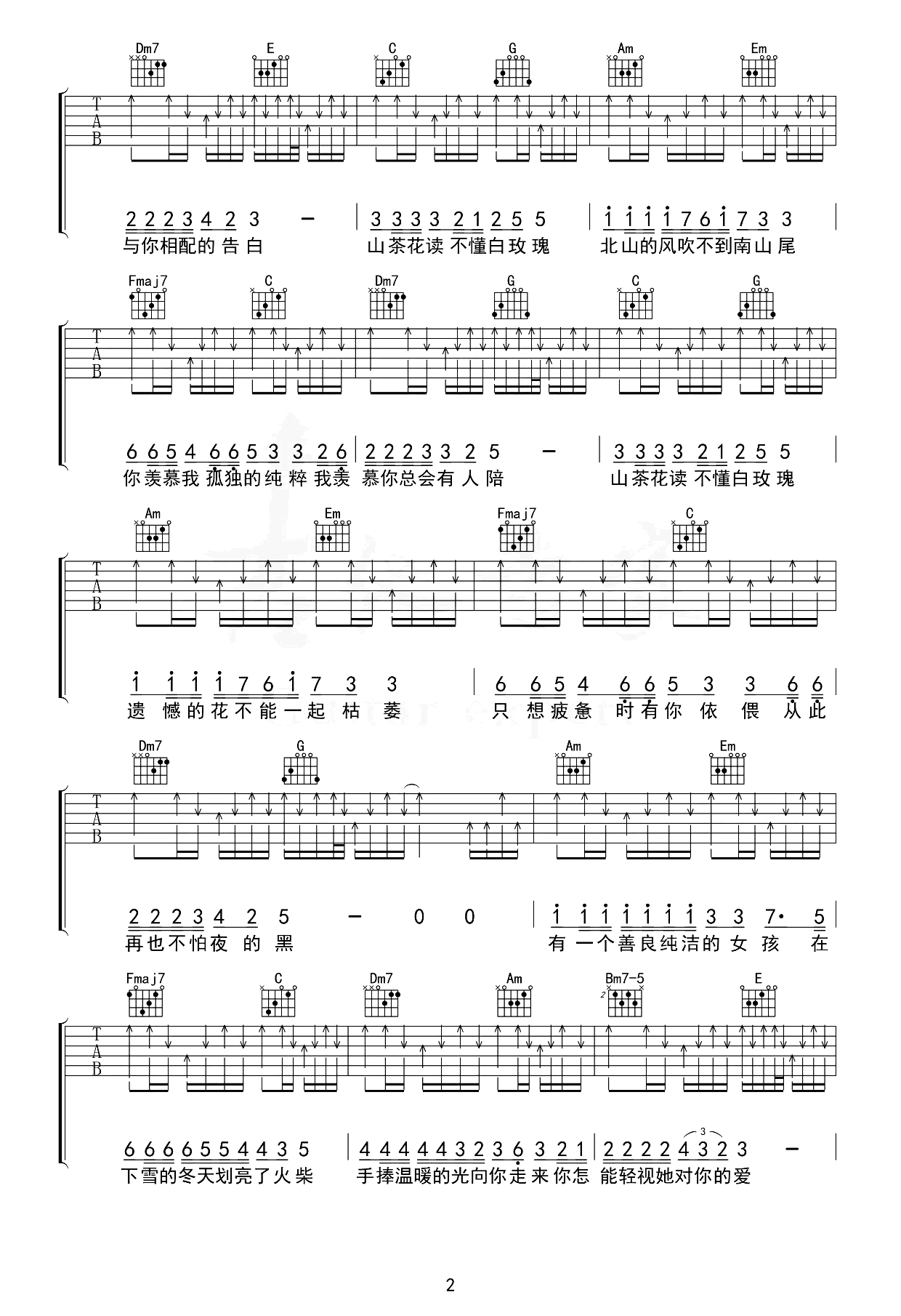 《山茶花读不懂白玫瑰吉他谱》柯柯柯啊_C调扫弦完整版