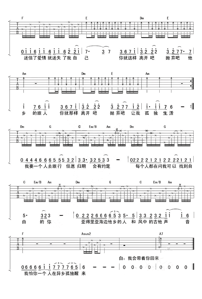 《一个人去旅行吉他谱》C调完整版_彼岸制谱