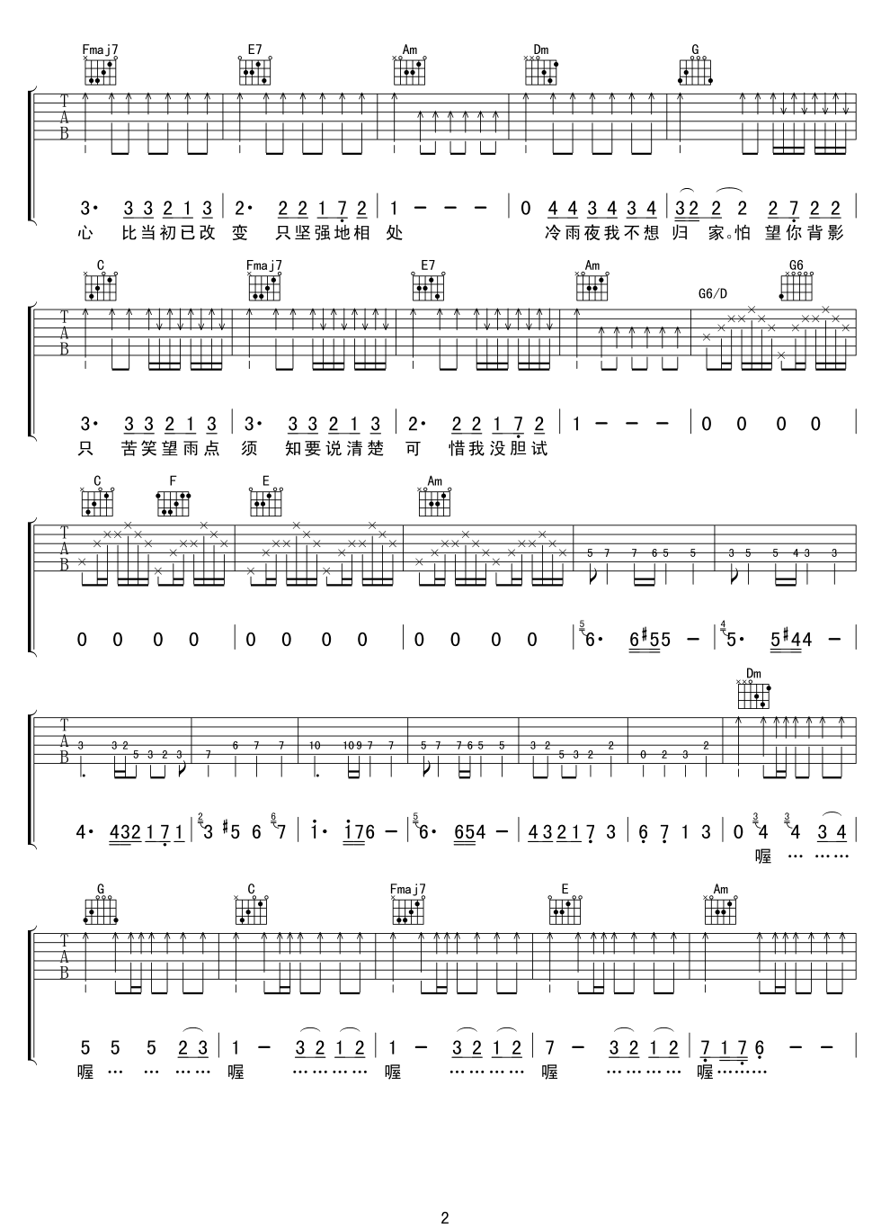 《冷雨夜C调吉他谱》调完整版_赵一民制谱