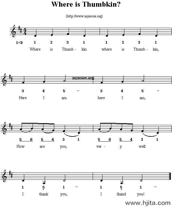 歌曲where is thumbkin的简谱歌谱下载