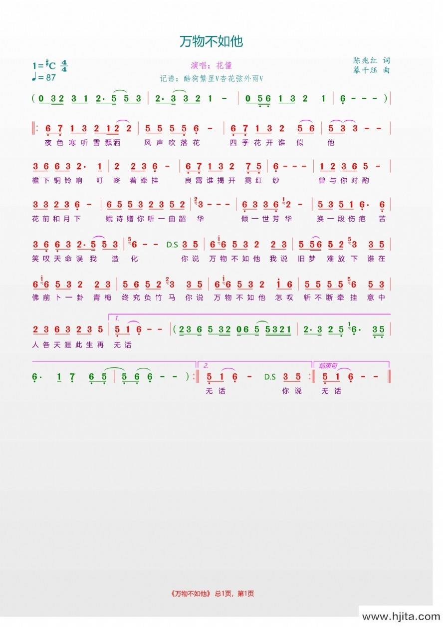 歌曲万物不如他的简谱歌谱下载