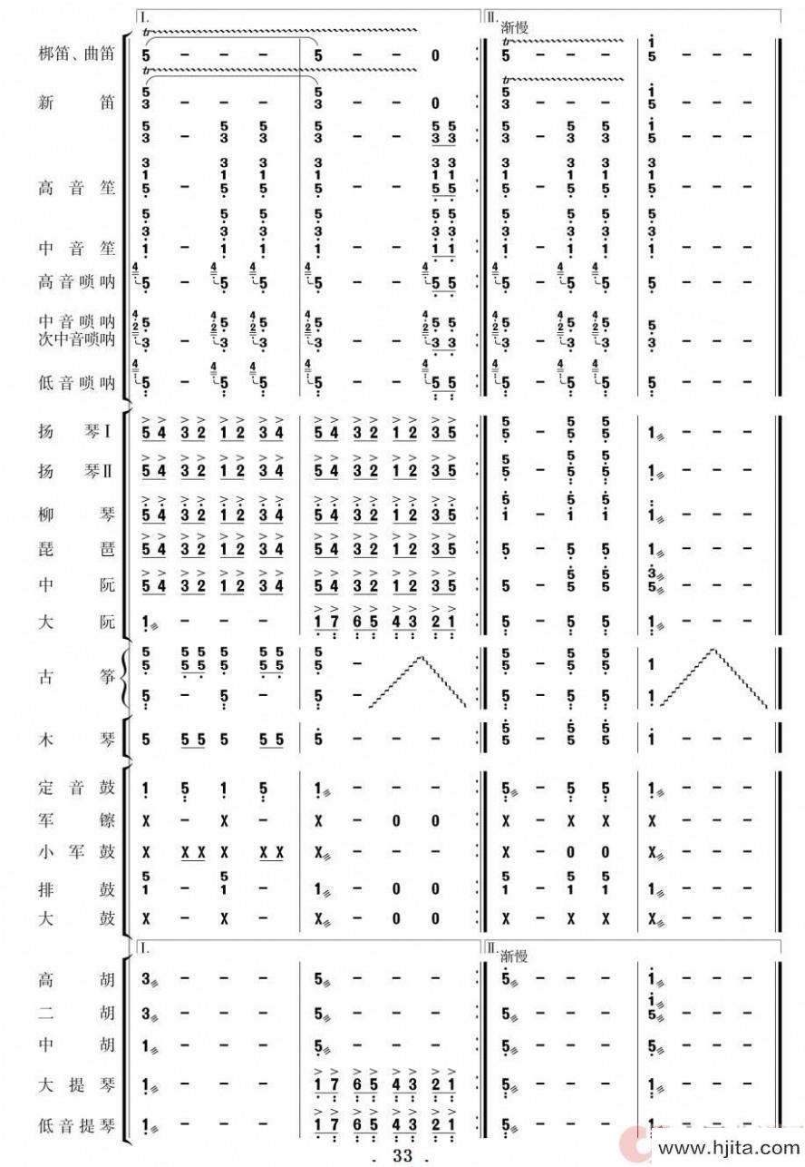 歌曲北京喜讯到边寨(民乐简谱总谱)31-33的简谱歌谱下载