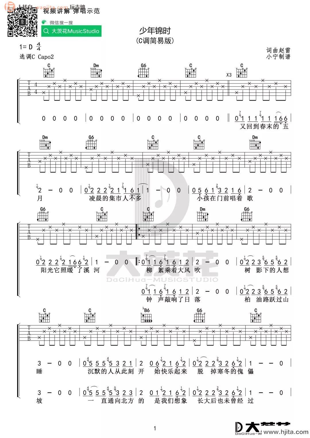 《少年锦时》吉他谱_C调简单版六线谱_高清图片谱_赵雷