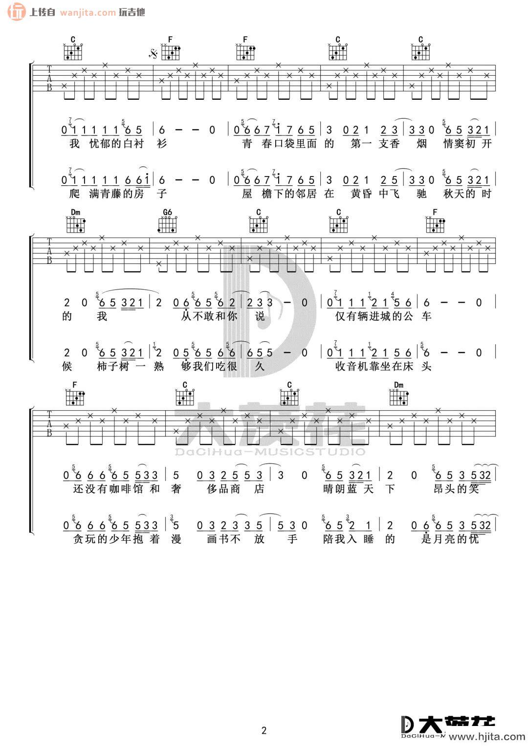 《少年锦时》吉他谱_C调简单版六线谱_高清图片谱_赵雷