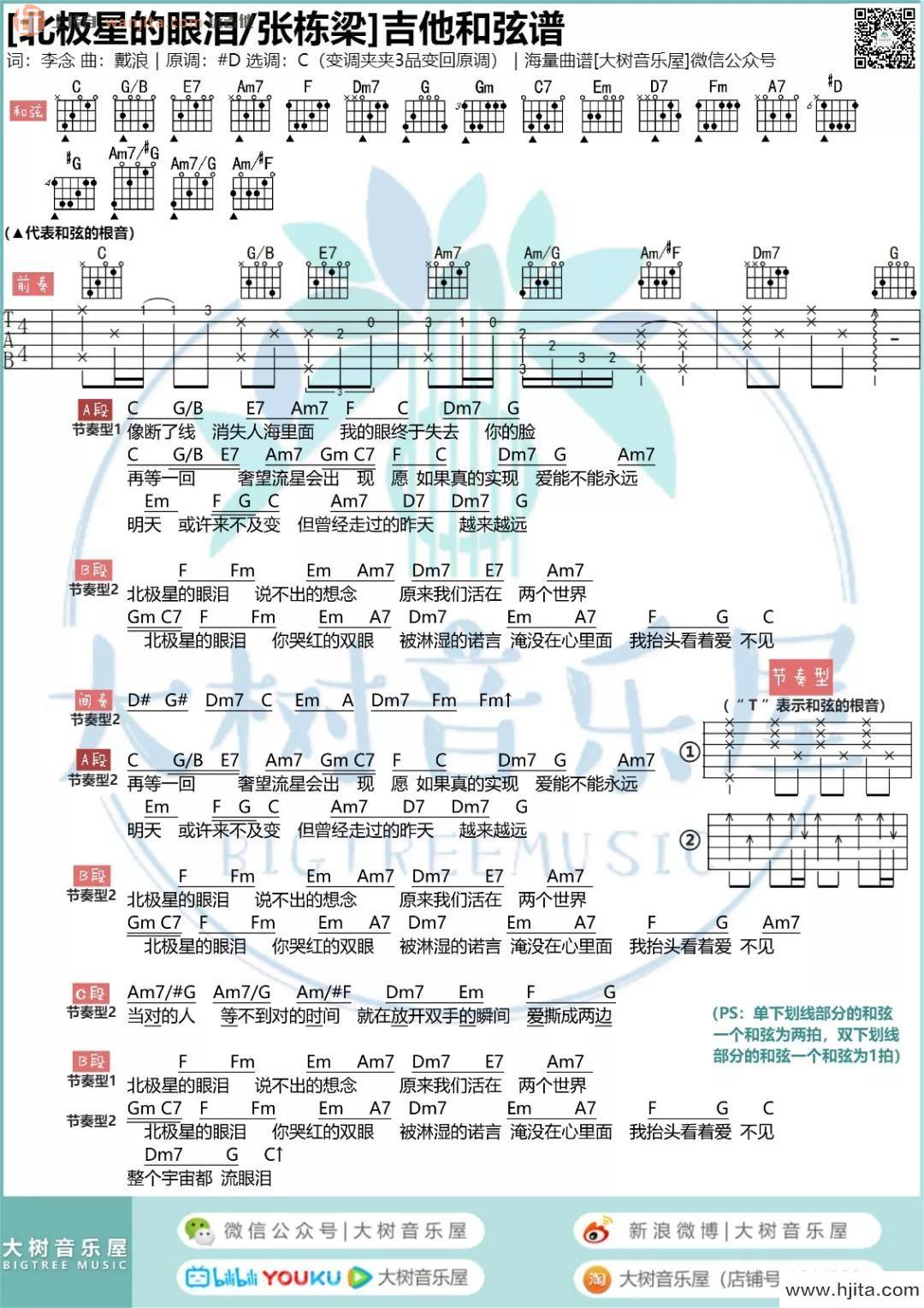 《北极星的眼泪》吉他谱_C调弹唱六线谱_简版图片谱_张栋梁