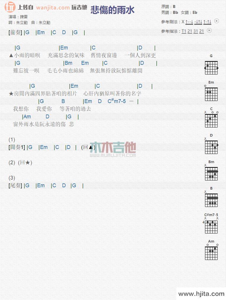 悲伤的雨水吉他谱_陈雷_B调和弦谱_吉他弹唱谱