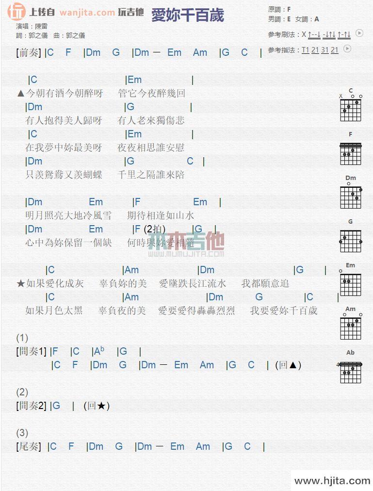 爱你千百岁吉他谱_陈雷_E调和弦谱_吉他弹唱谱