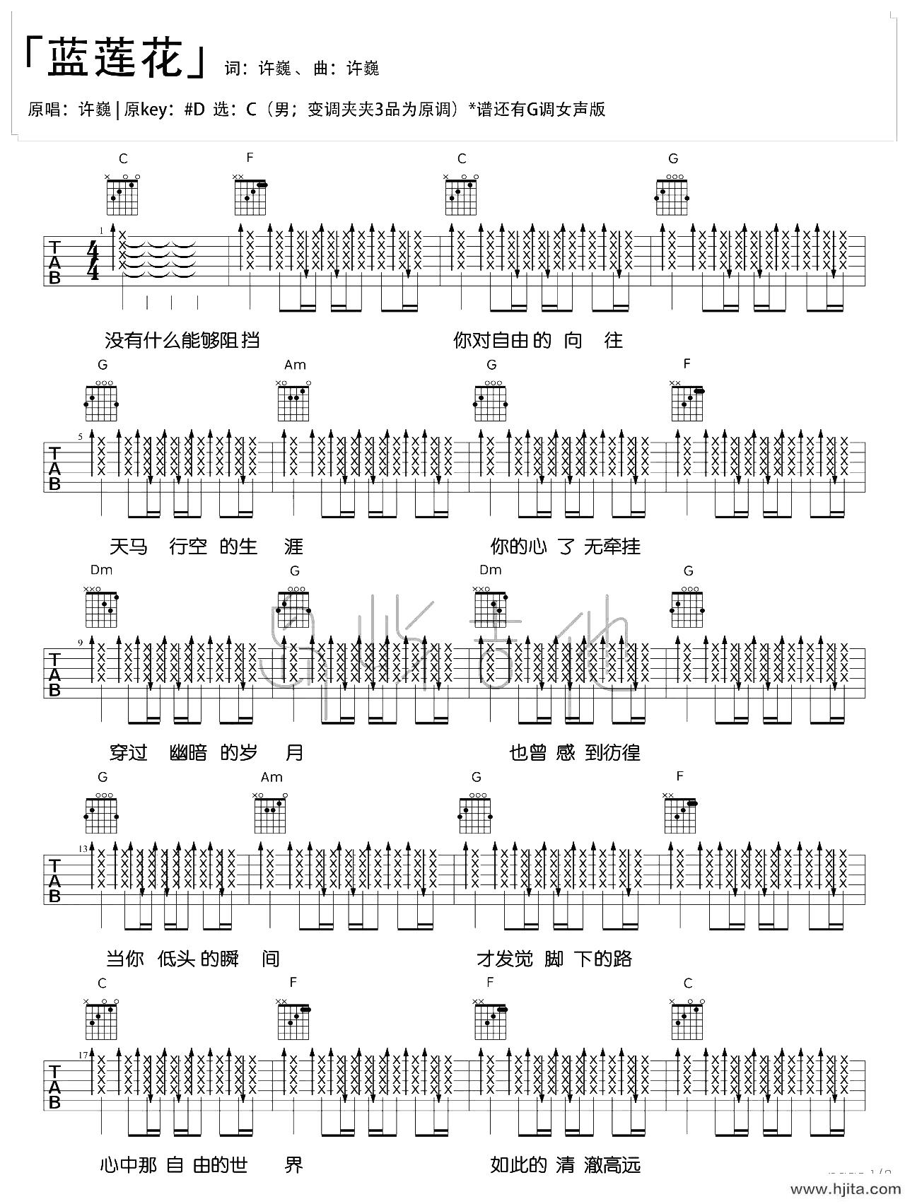 许巍《蓝莲花》吉他谱_《蓝莲花》C调原版六线谱