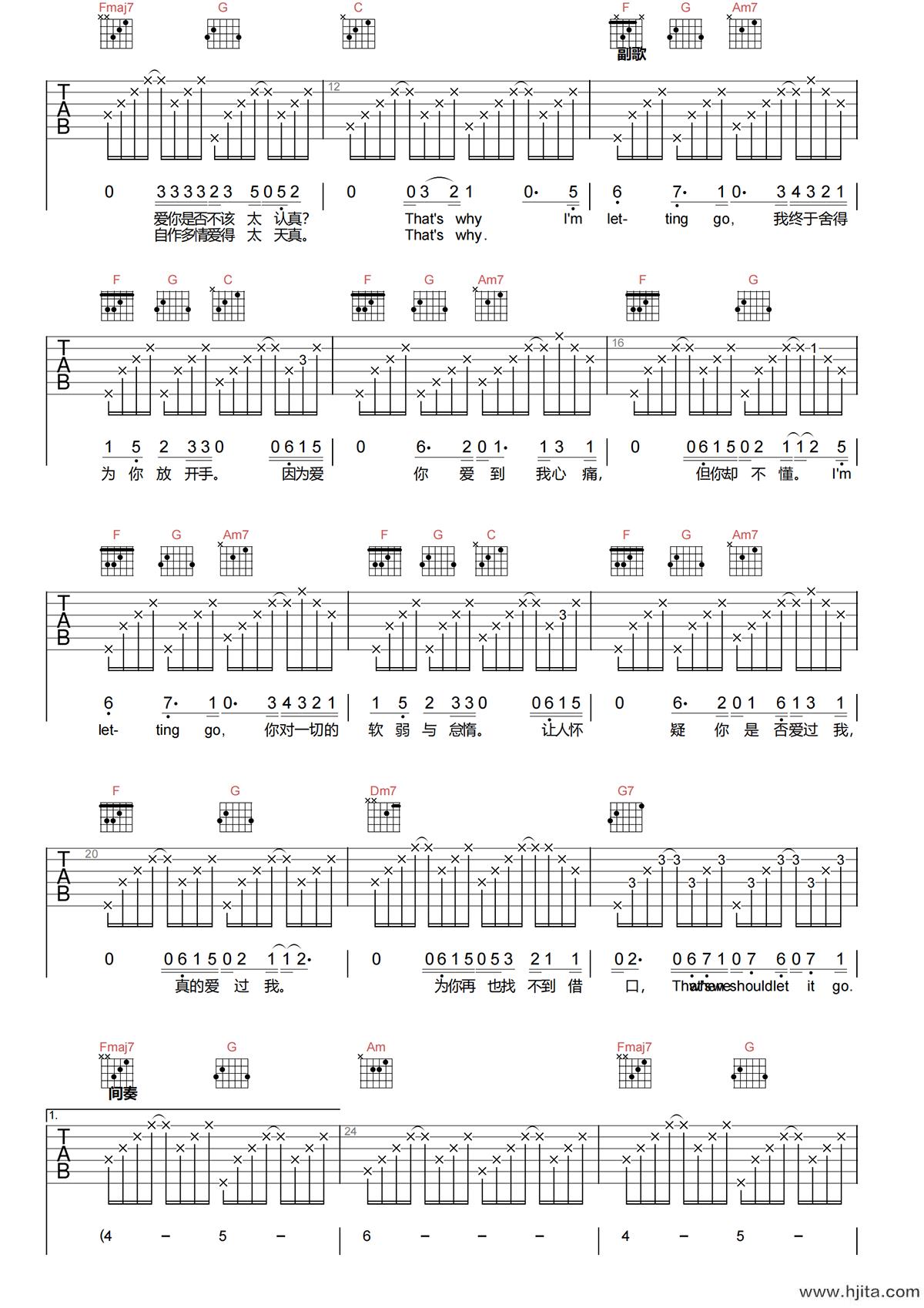 LETTING GO吉他谱-蔡健雅-C调简化原版六线谱