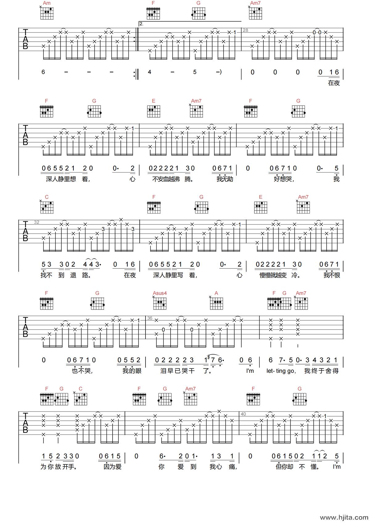 LETTING GO吉他谱-蔡健雅-C调简化原版六线谱