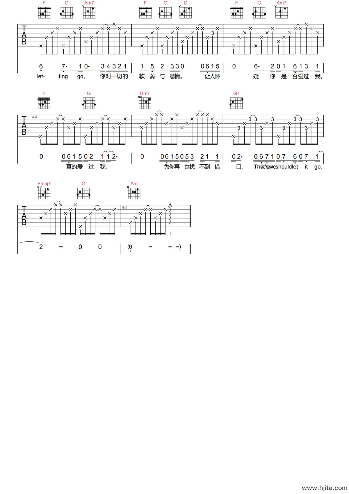 LETTING GO吉他谱-蔡健雅-C调简化原版六线谱