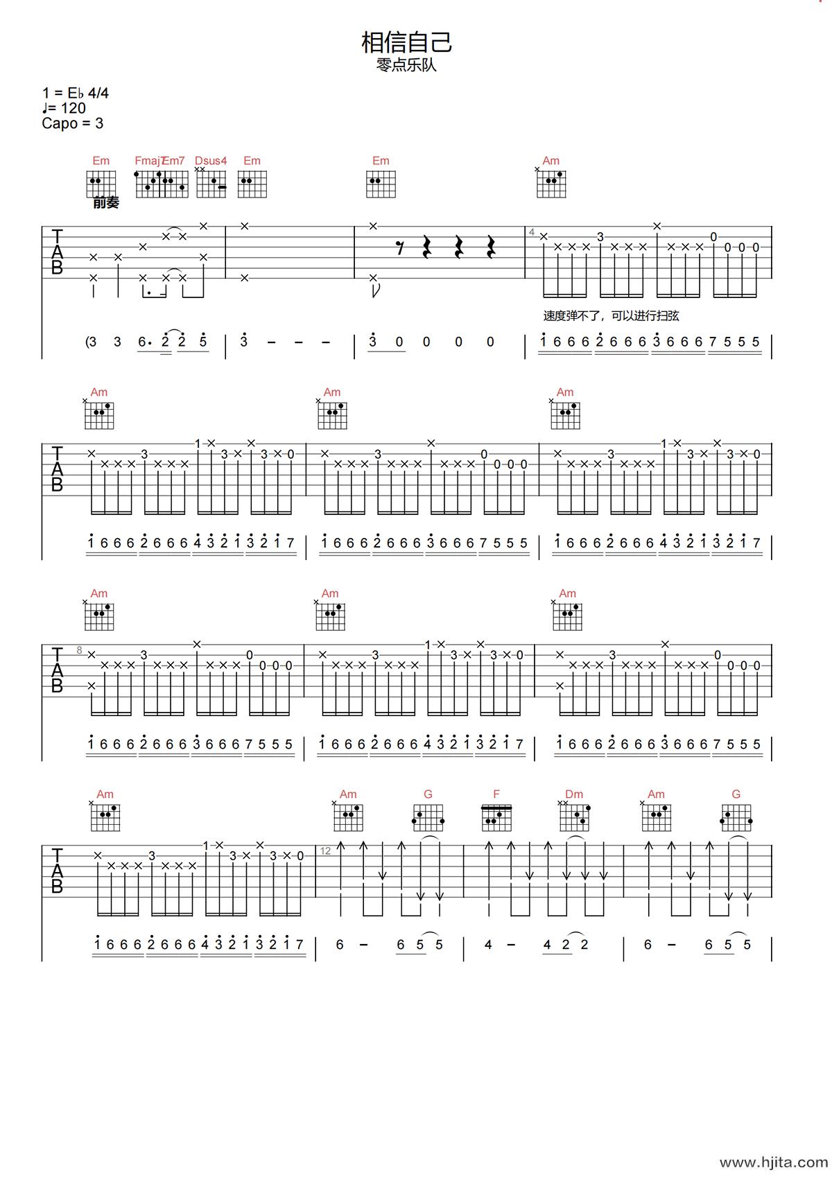 相信自己吉他谱-零点乐队-C调原版六线谱-高清弹唱谱