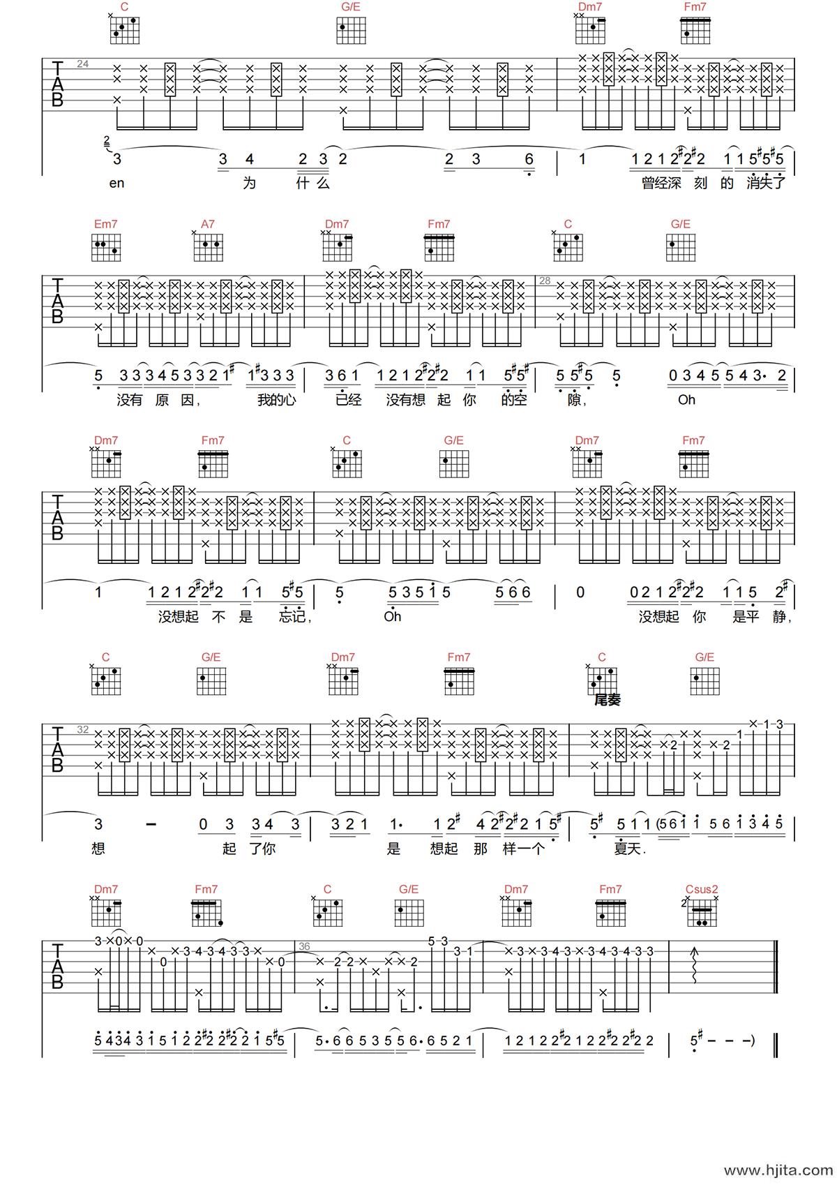 一样的夏天吉他谱-孙燕姿-C调原版六线谱-高清弹唱谱