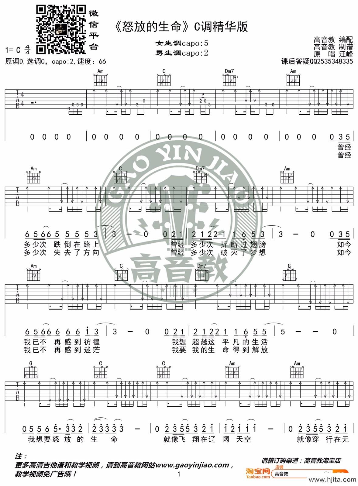 汪峰《怒放的生命》吉他谱-C调原版弹唱吉他谱