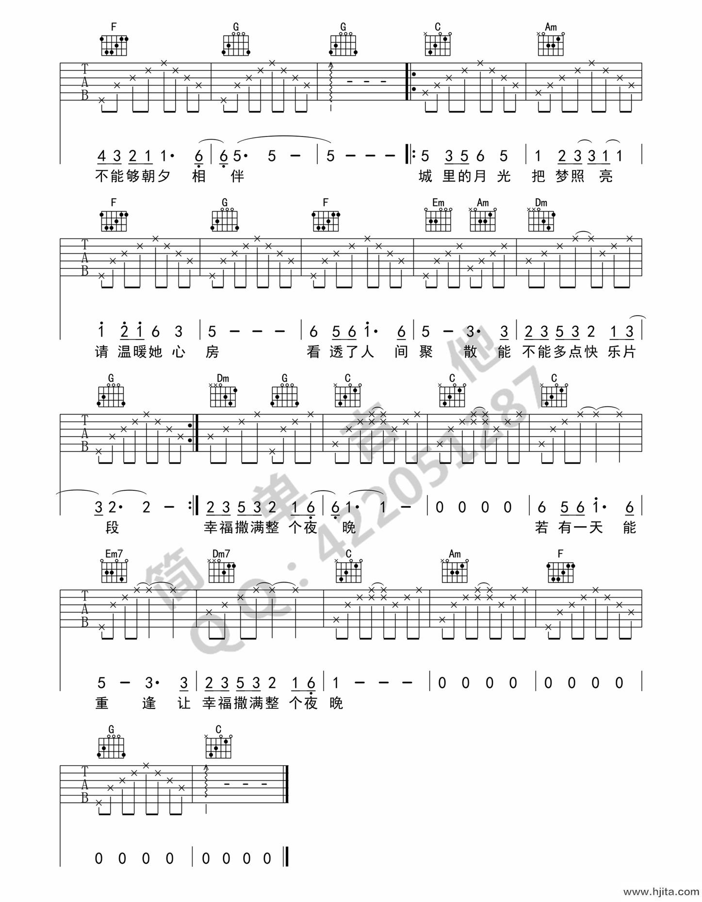 许美静《城里的月光》吉他谱-C调弹唱谱
