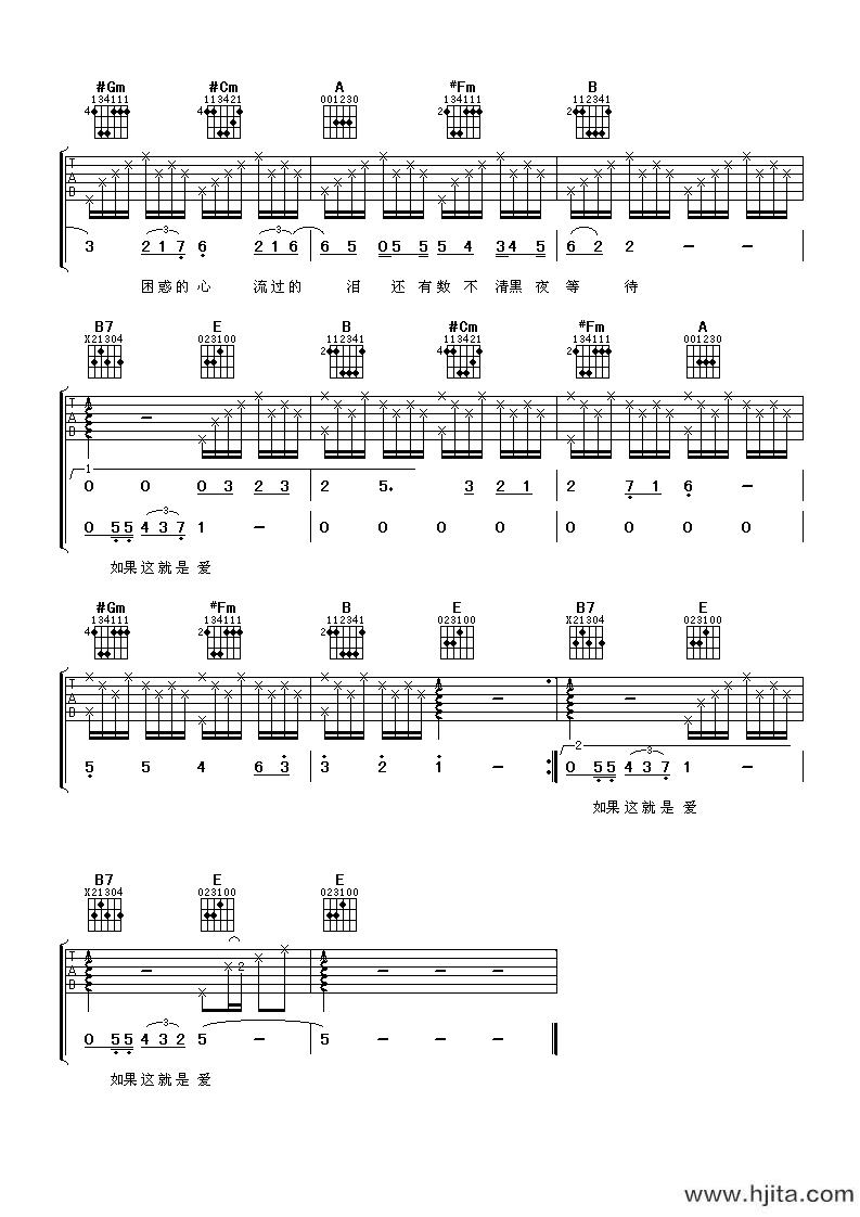 如果爱吉他谱-张学友-E调原版六线谱