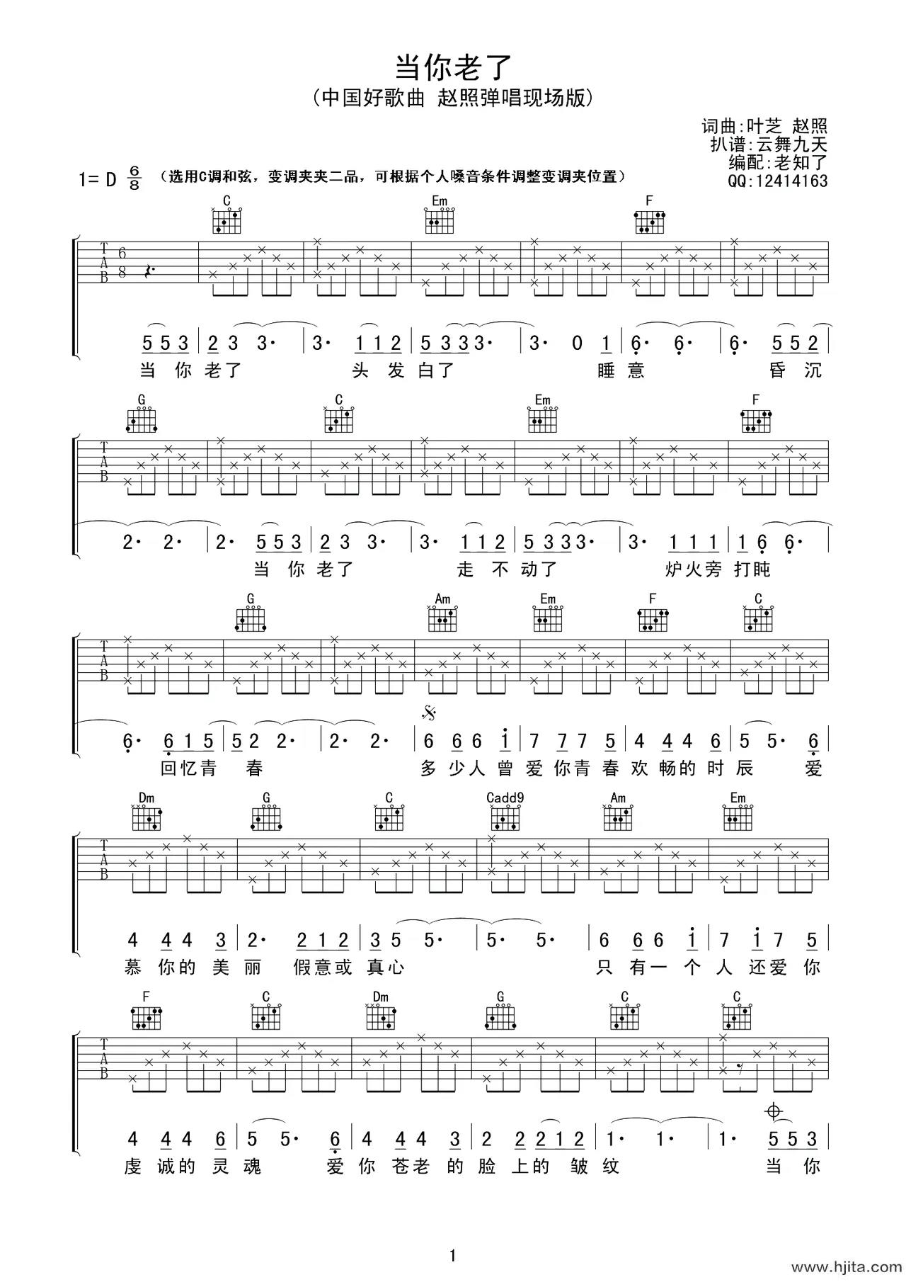 赵照《当你老了》吉他谱-D调-《中国好歌曲》现场版