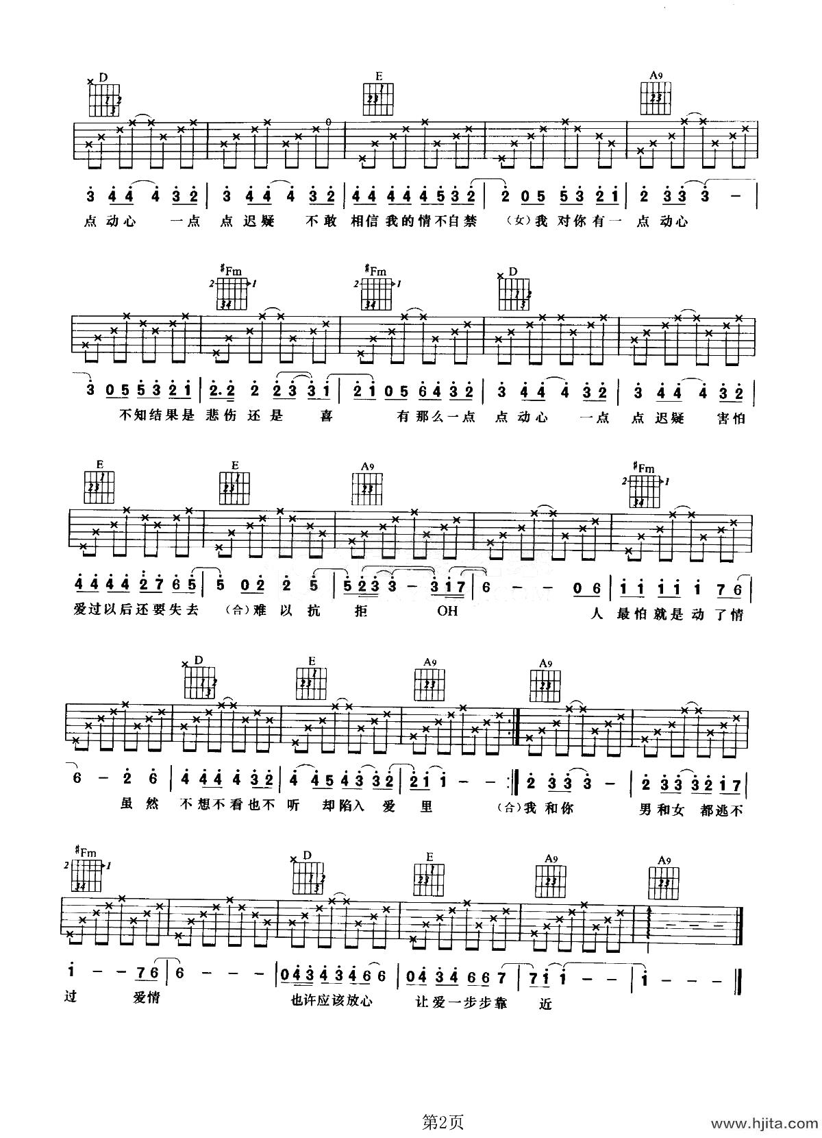 有一点动心吉他谱-张信哲/刘嘉玲-A调原版编配-吉他弹唱六线谱