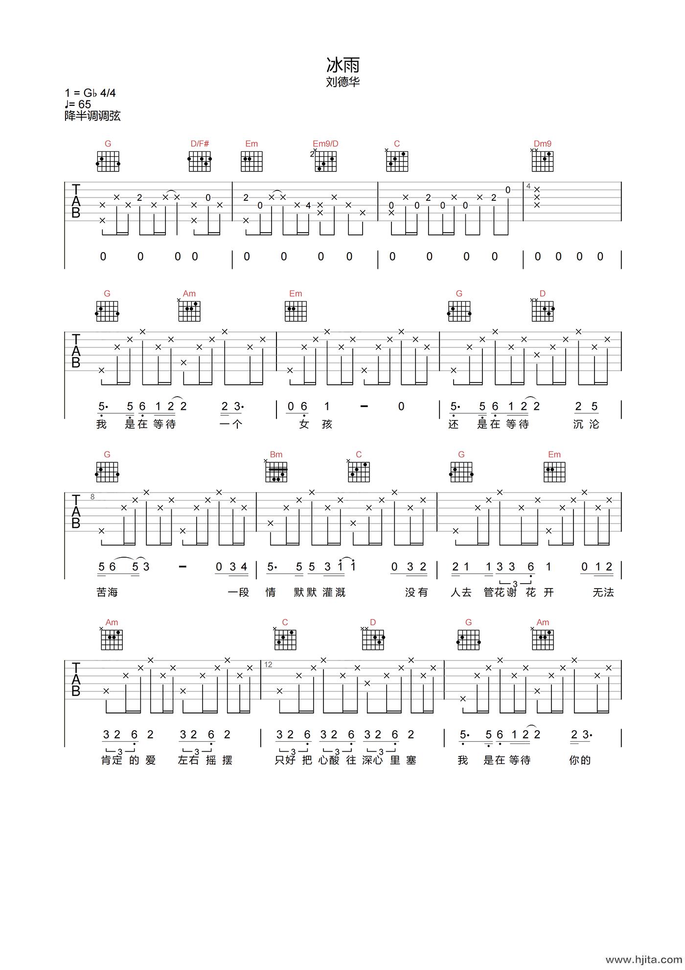 冰雨吉他谱-刘德华《冰雨》A调高清原版六线谱