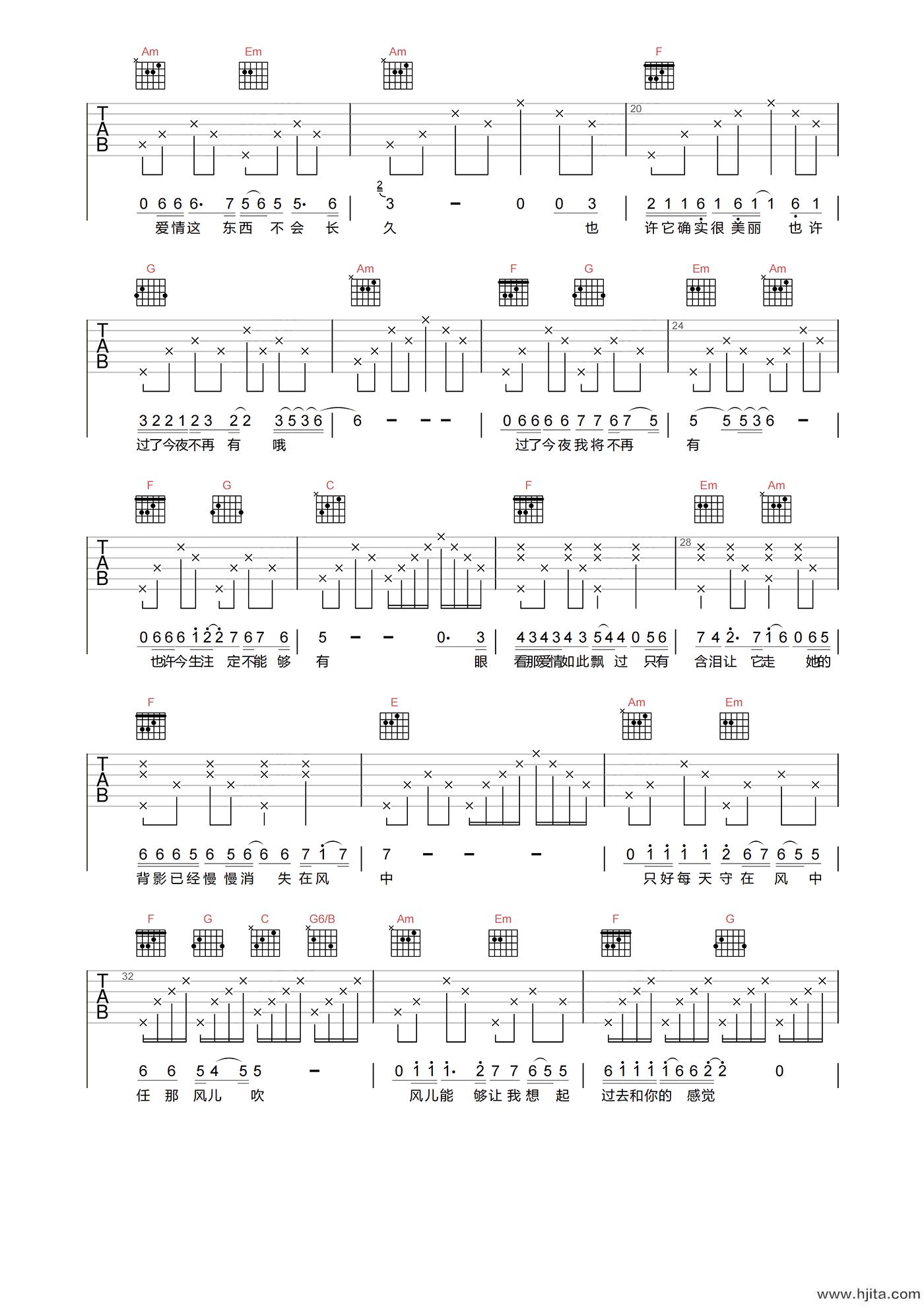 她的背影吉他谱-王杰-C调原版编配-吉他弹唱六线谱