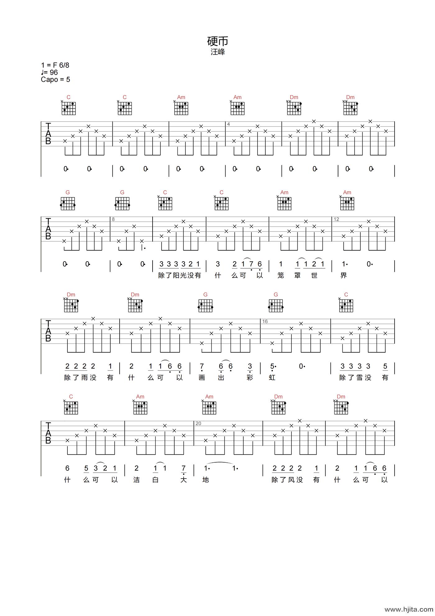 硬币吉他谱-汪峰-《硬币》C调原版弹唱六线谱