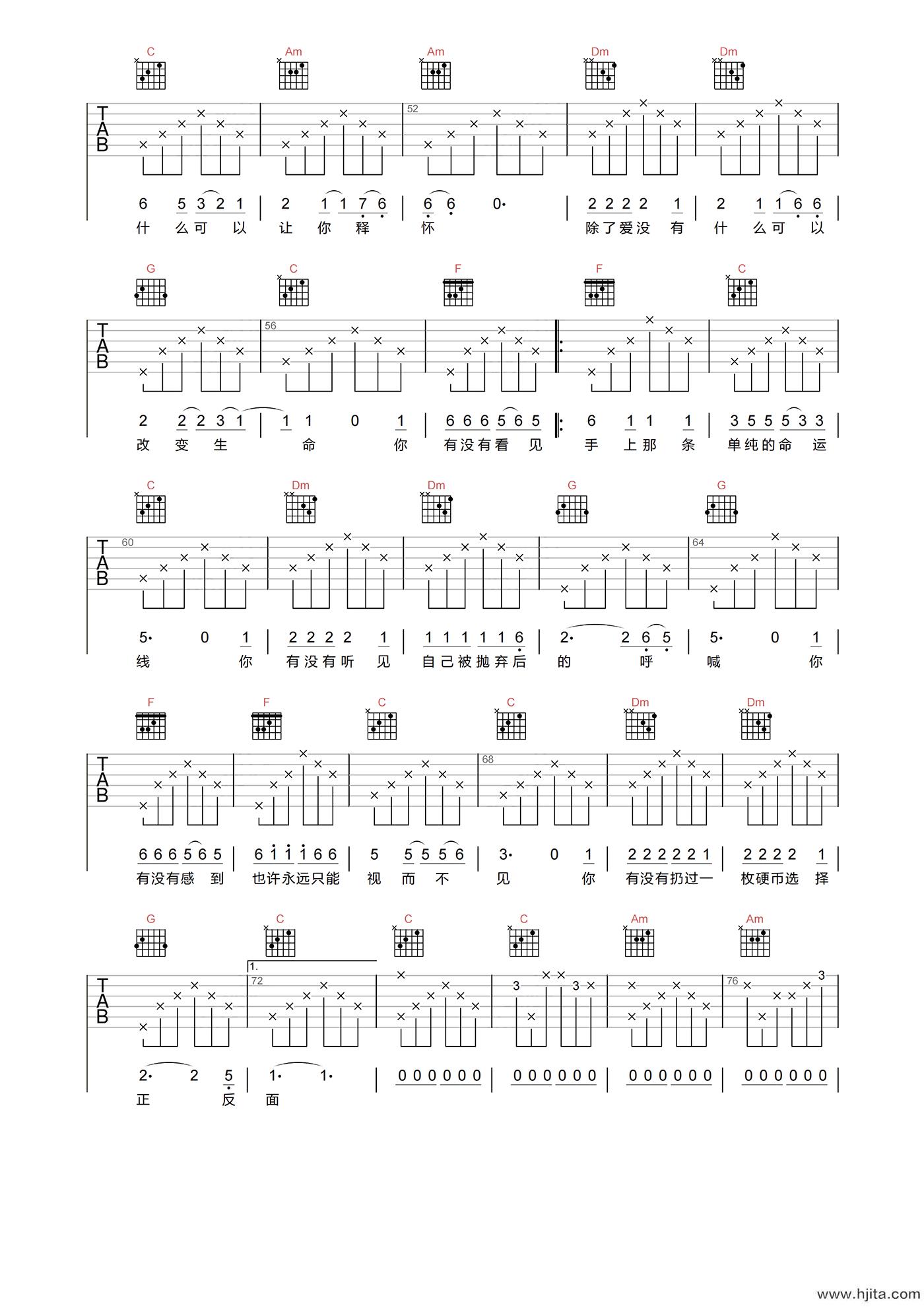 硬币吉他谱-汪峰-《硬币》C调原版弹唱六线谱