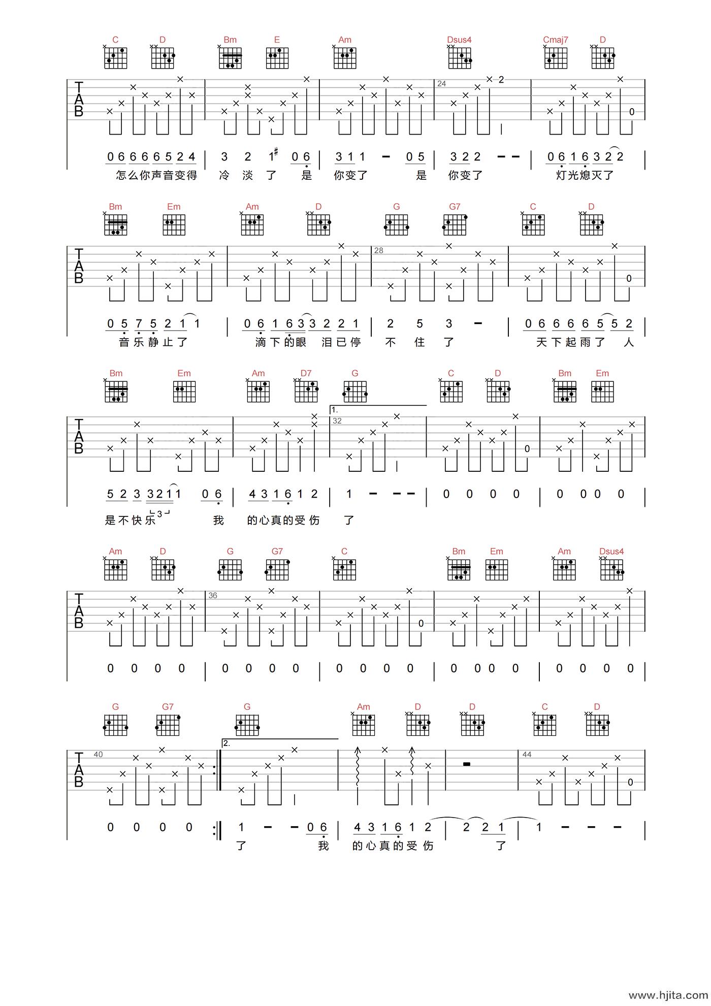 我真的受伤了吉他谱-张学友-G调超原版-吉他弹唱六线谱