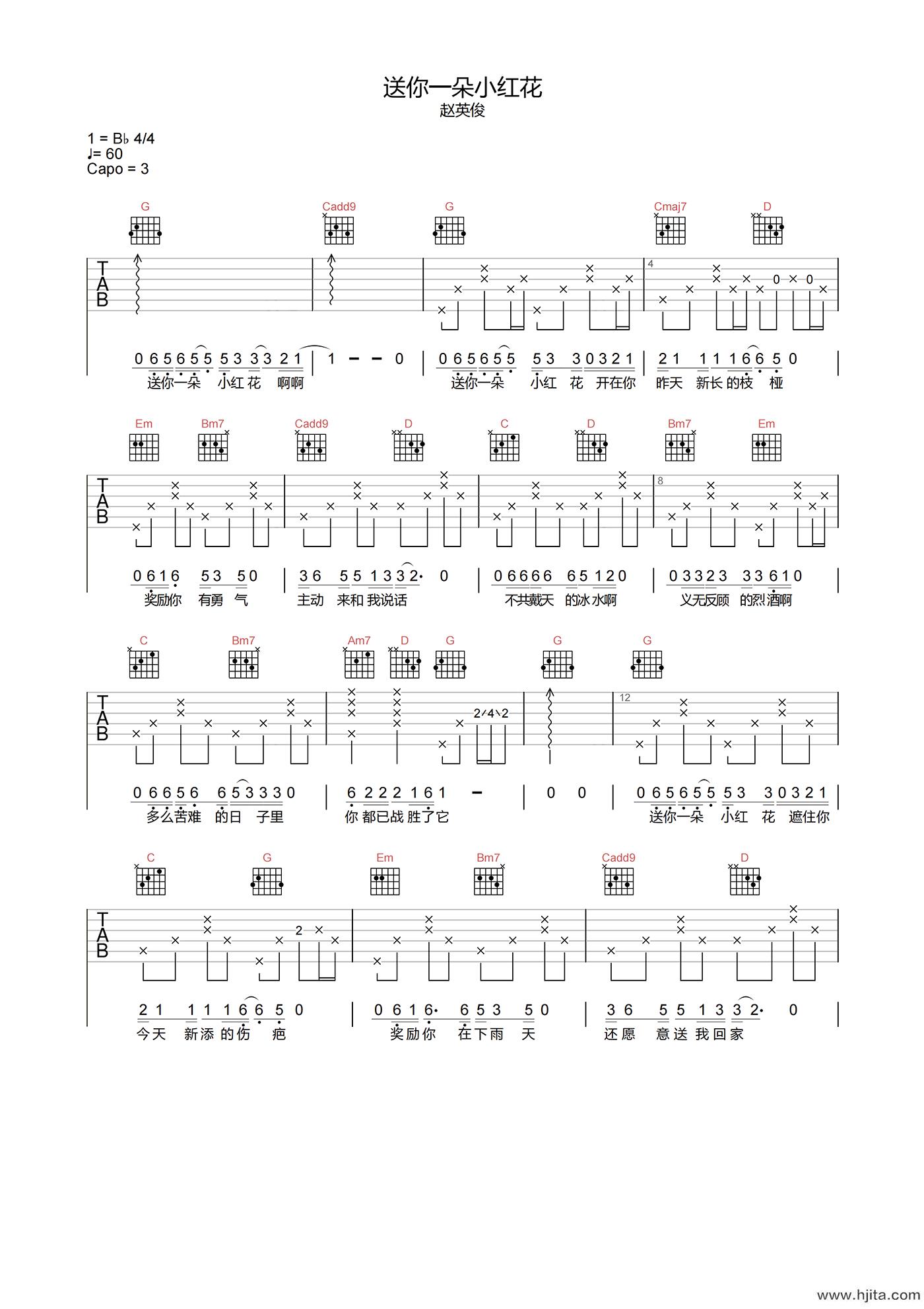 赵英俊《送你一朵小红花》吉他谱-G调指法吉他六线谱