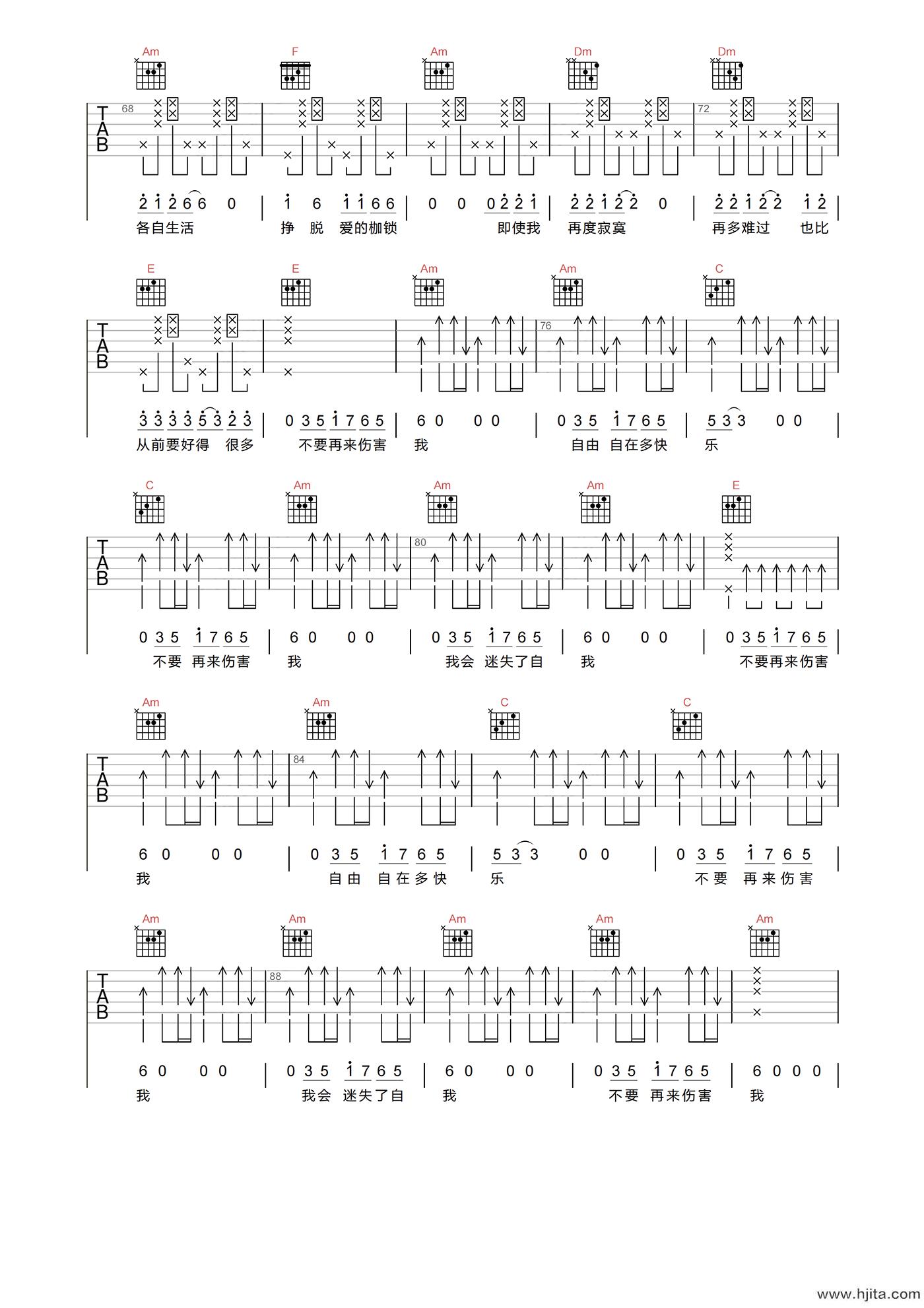 张振宇《不要再来伤害我》吉他谱-C调指法原版六线谱