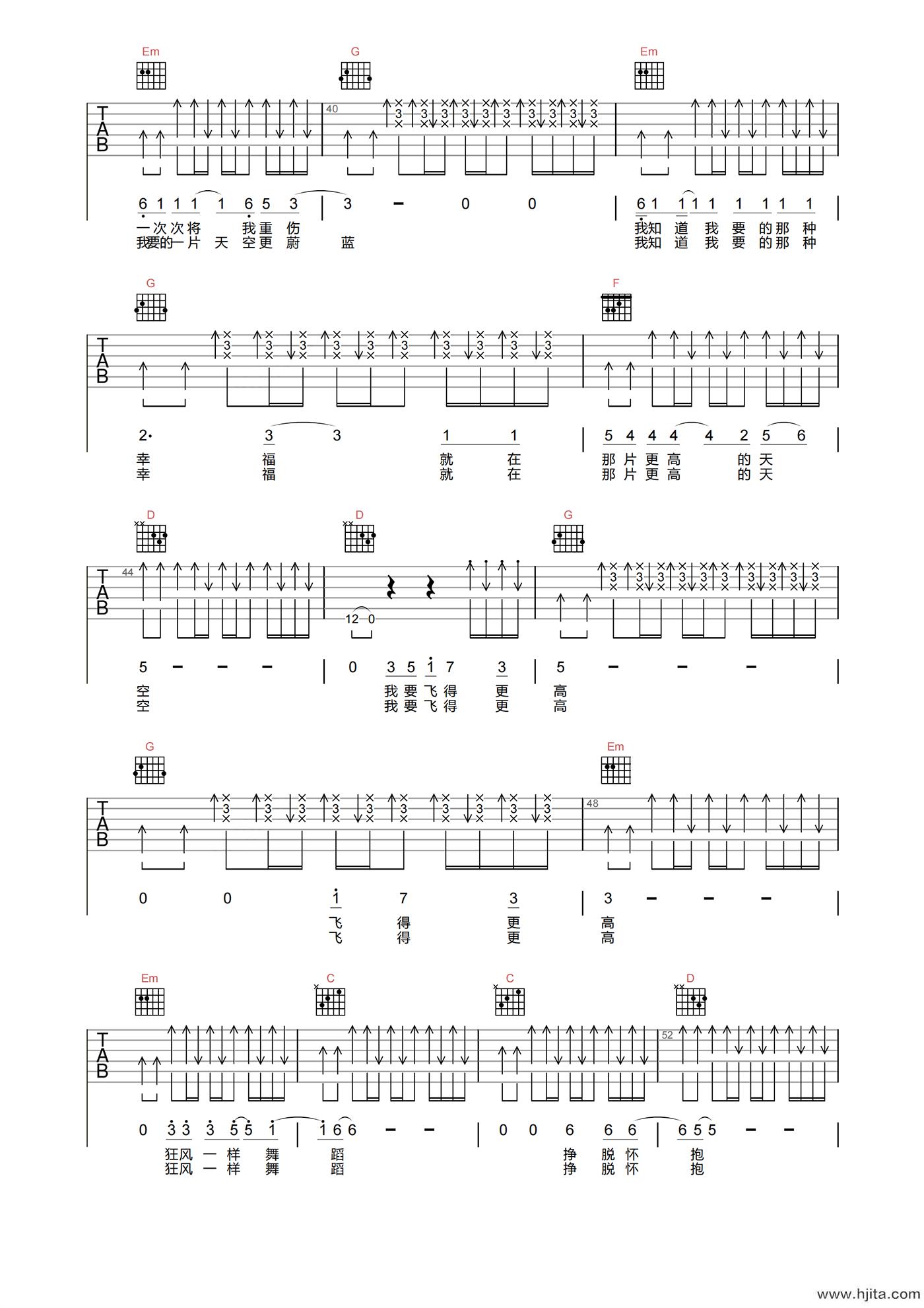 汪峰《飞得更高》吉他谱-G调原版吉他弹唱谱