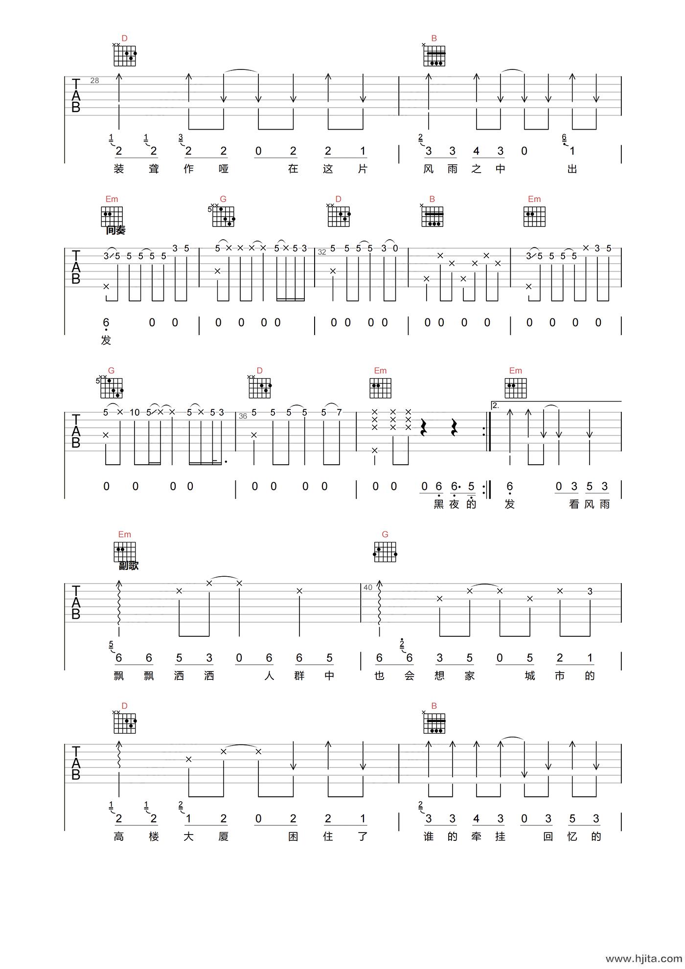 咖菲《风雨飘洒》吉他谱-G调指法吉他六线谱