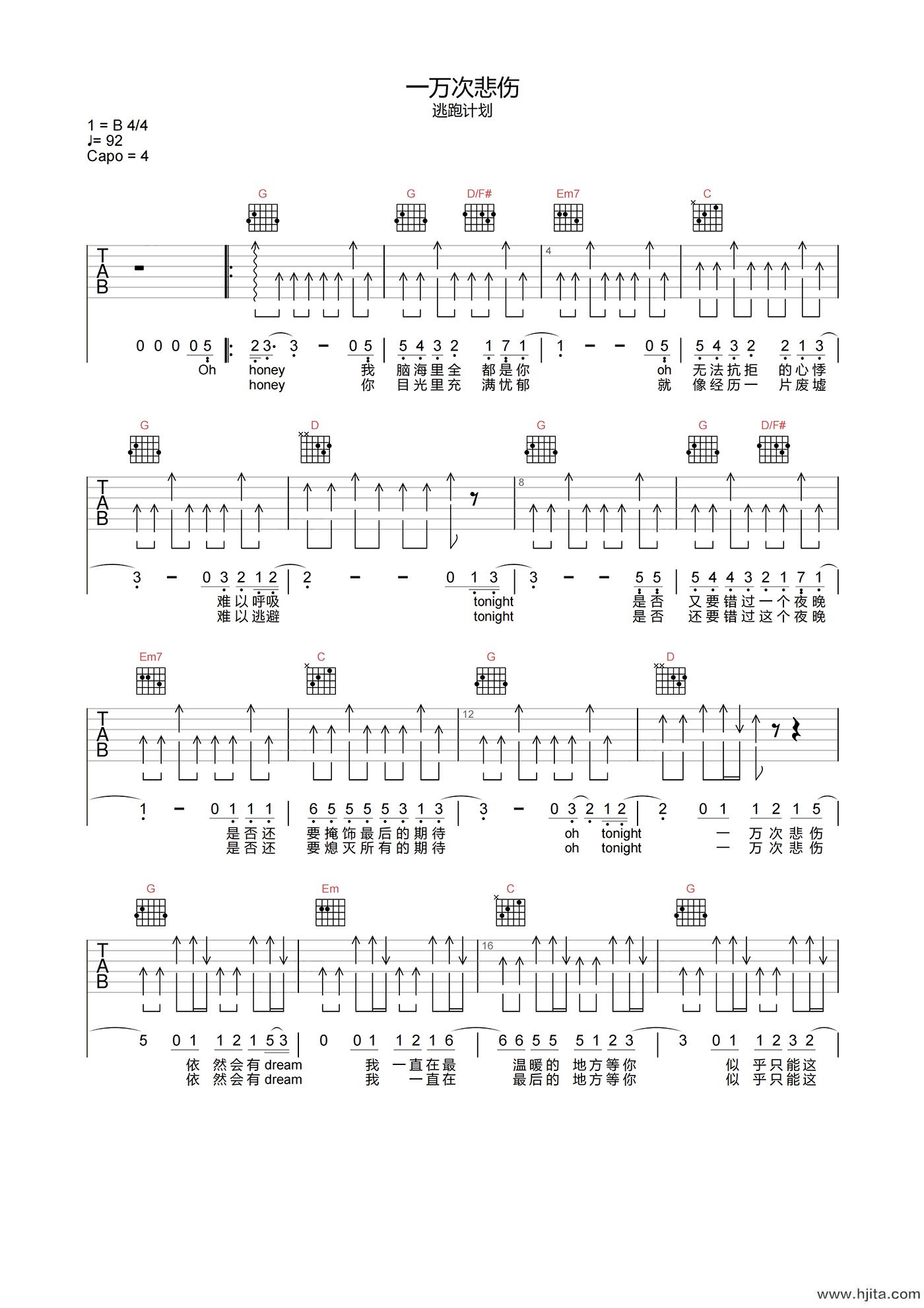 逃跑计划《一万次悲伤》吉他谱-G调指法吉他六线谱