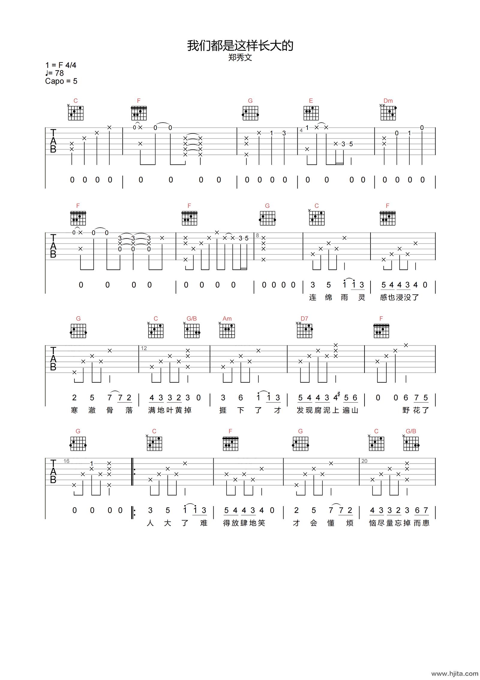 郑秀文《我们都是这样长大的》吉他谱-C调吉他弹唱谱