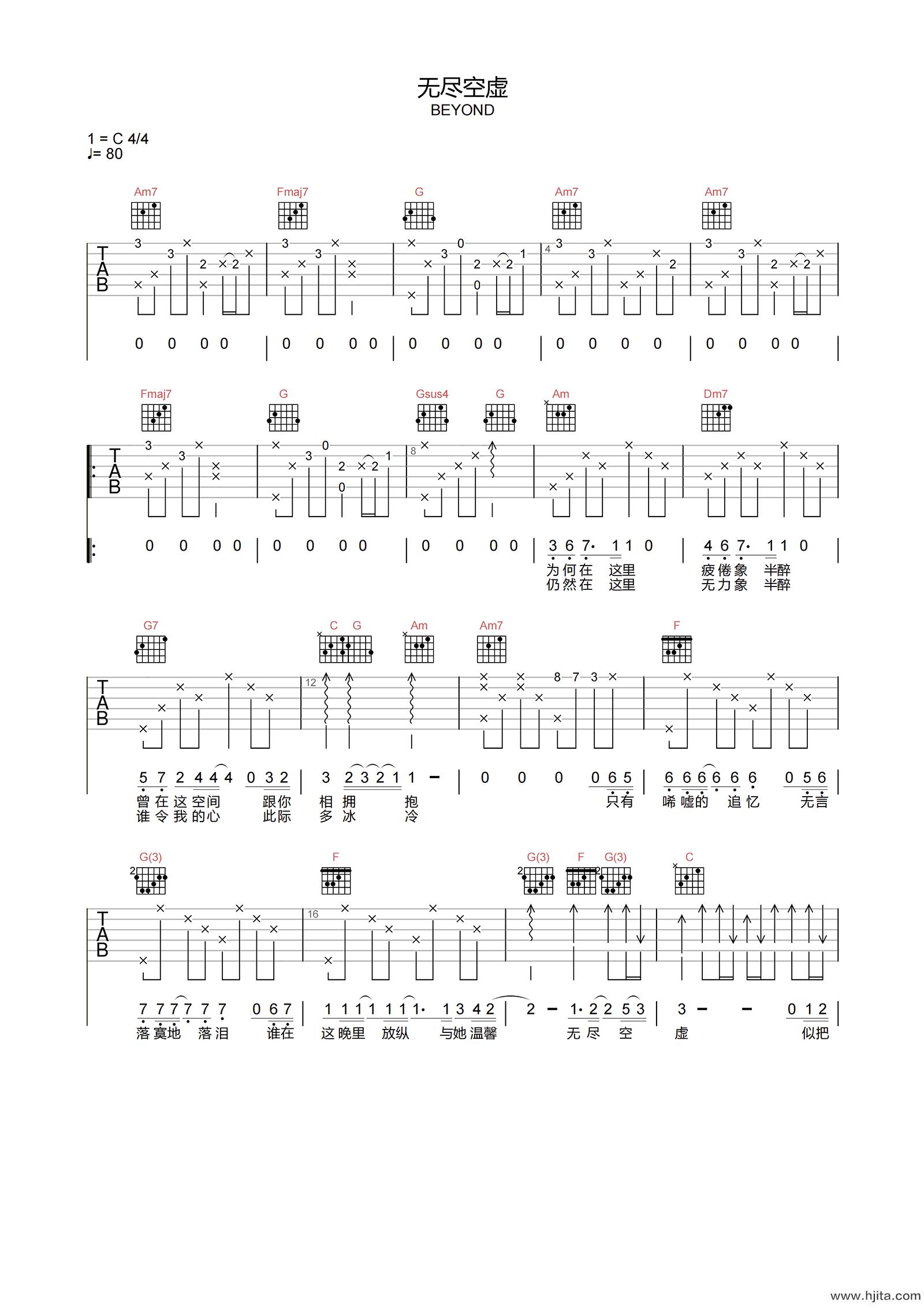 BEYOND《无尽空虚》吉他谱-C调高清原版弹唱谱