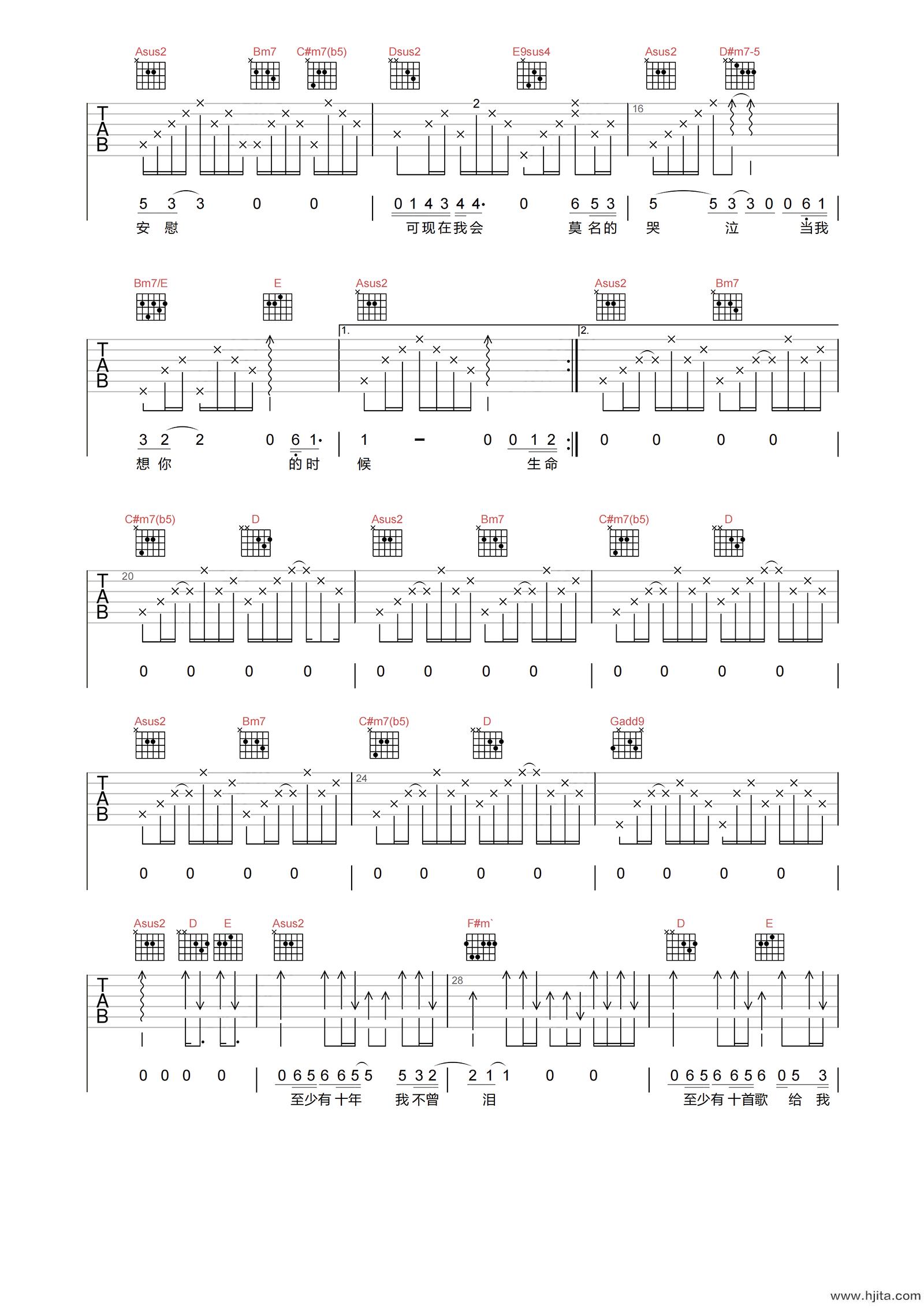 汪峰《当我想你的时候》吉他谱-A调高清原版弹唱谱