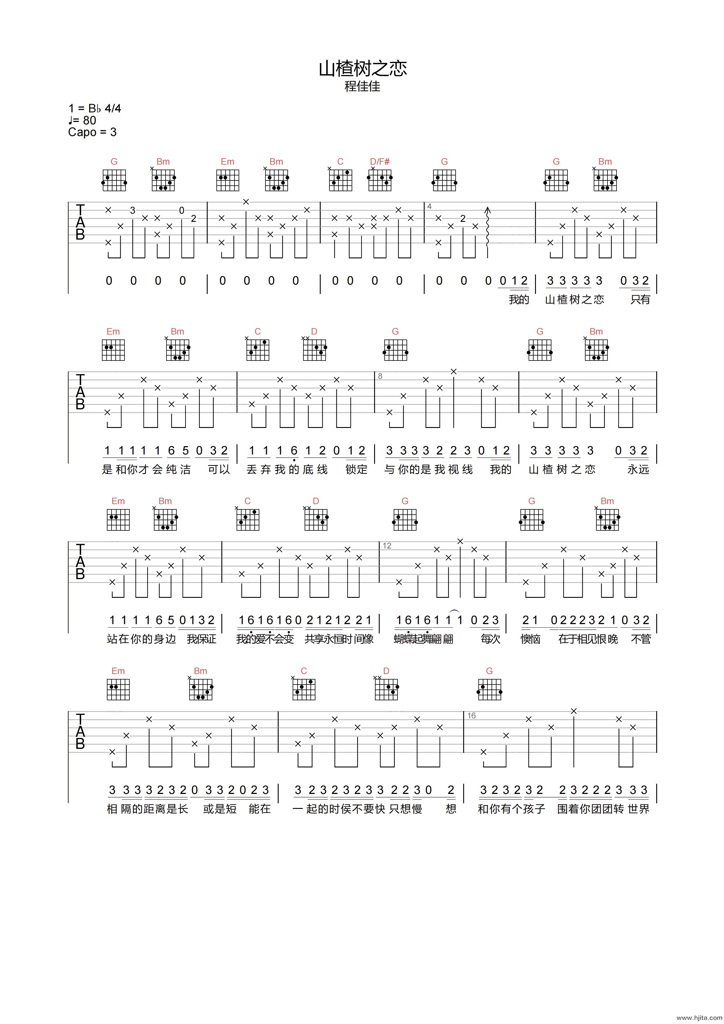 程佳佳《山楂树之恋》吉他谱-G调原版弹唱谱