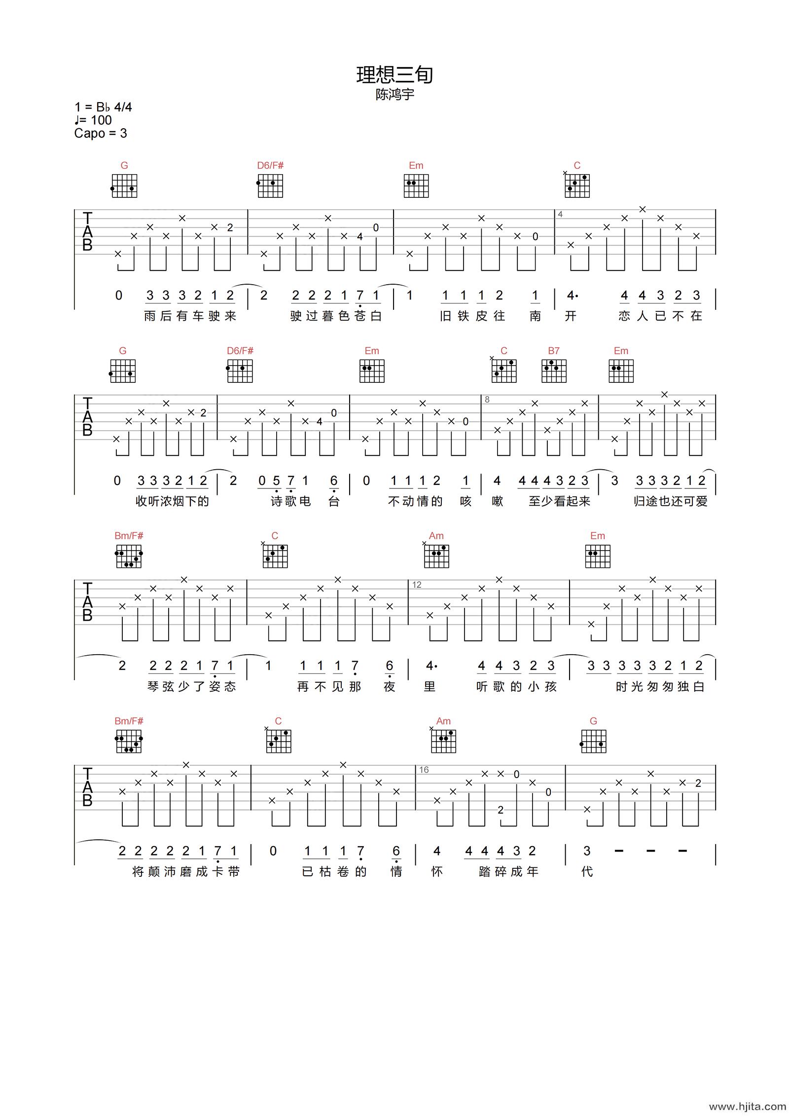 理想三旬吉他谱-陈鸿宇-G调原版弹唱谱-附PDF图片谱