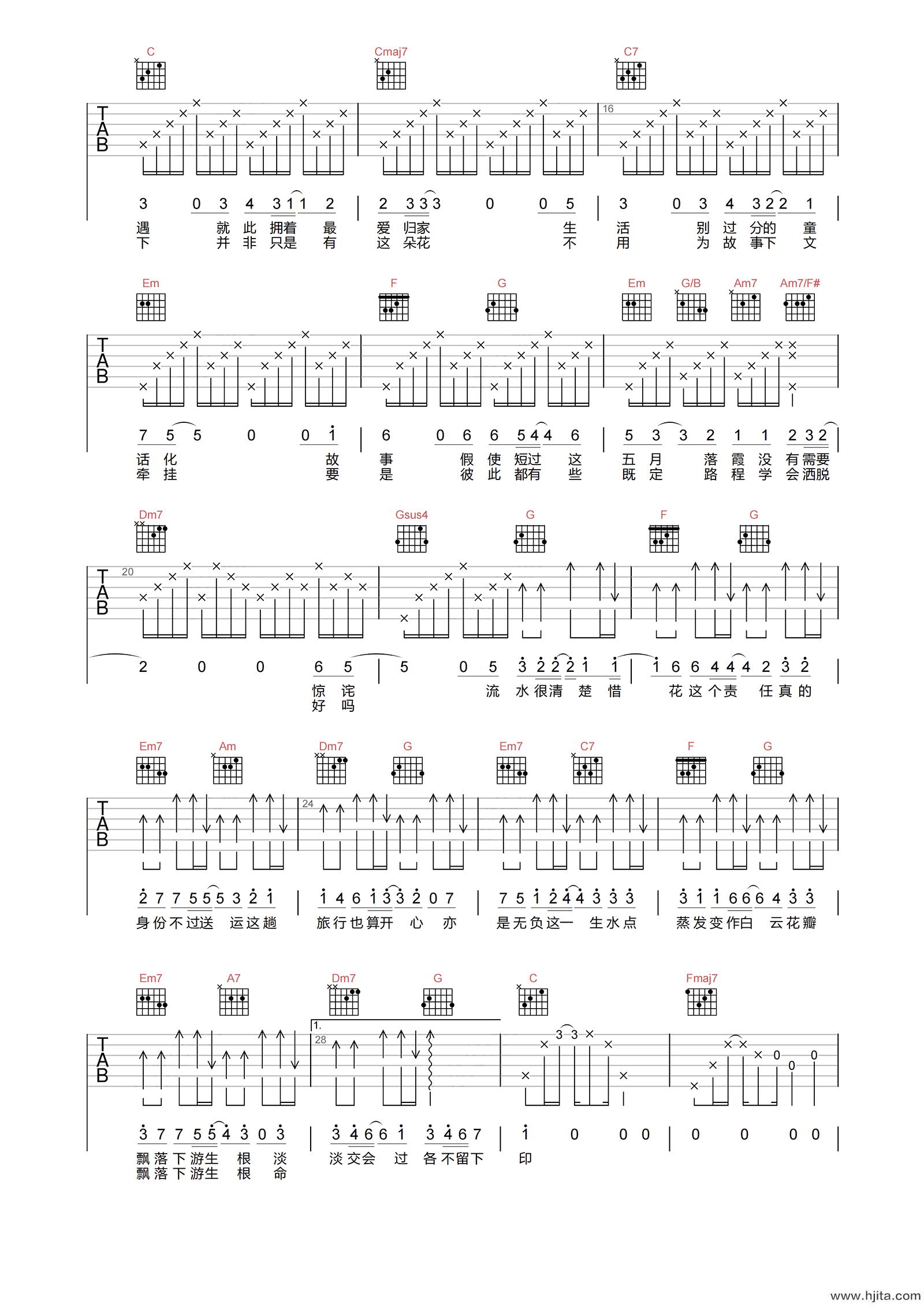落花流水吉他谱-陈奕迅-C调原版弹唱谱-附PDF图片谱