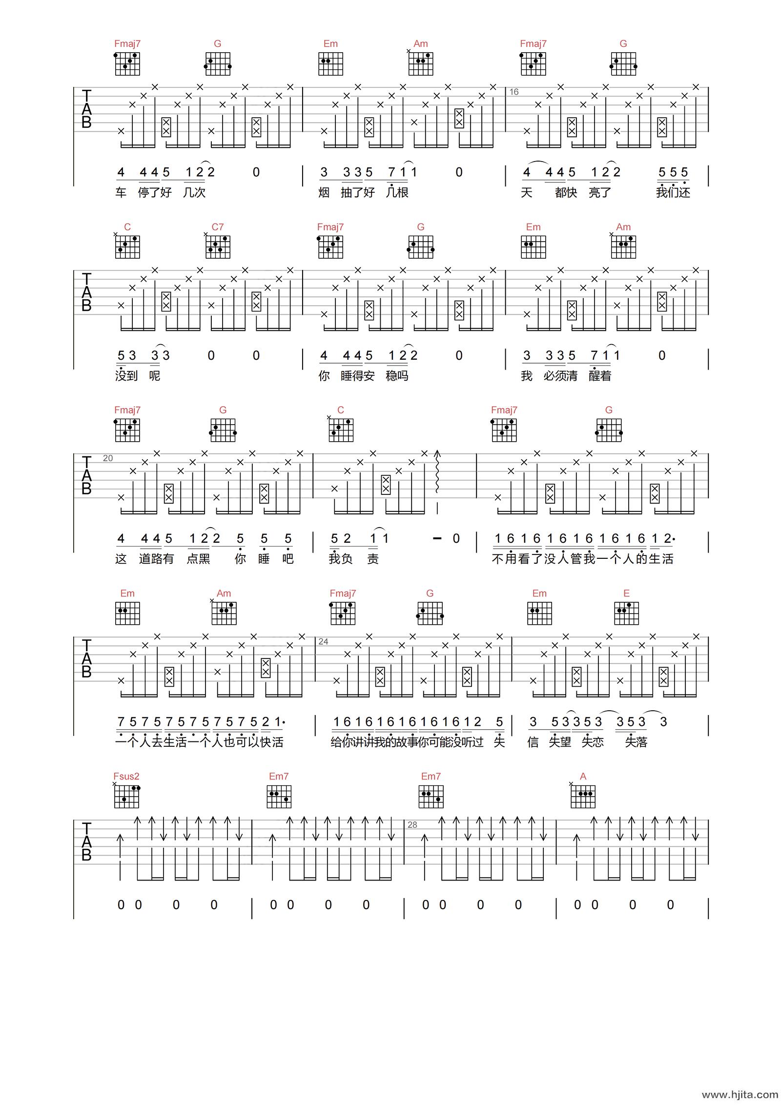 夜车吉他谱-曾轶可-C调原版弹唱谱-附PDF图片谱