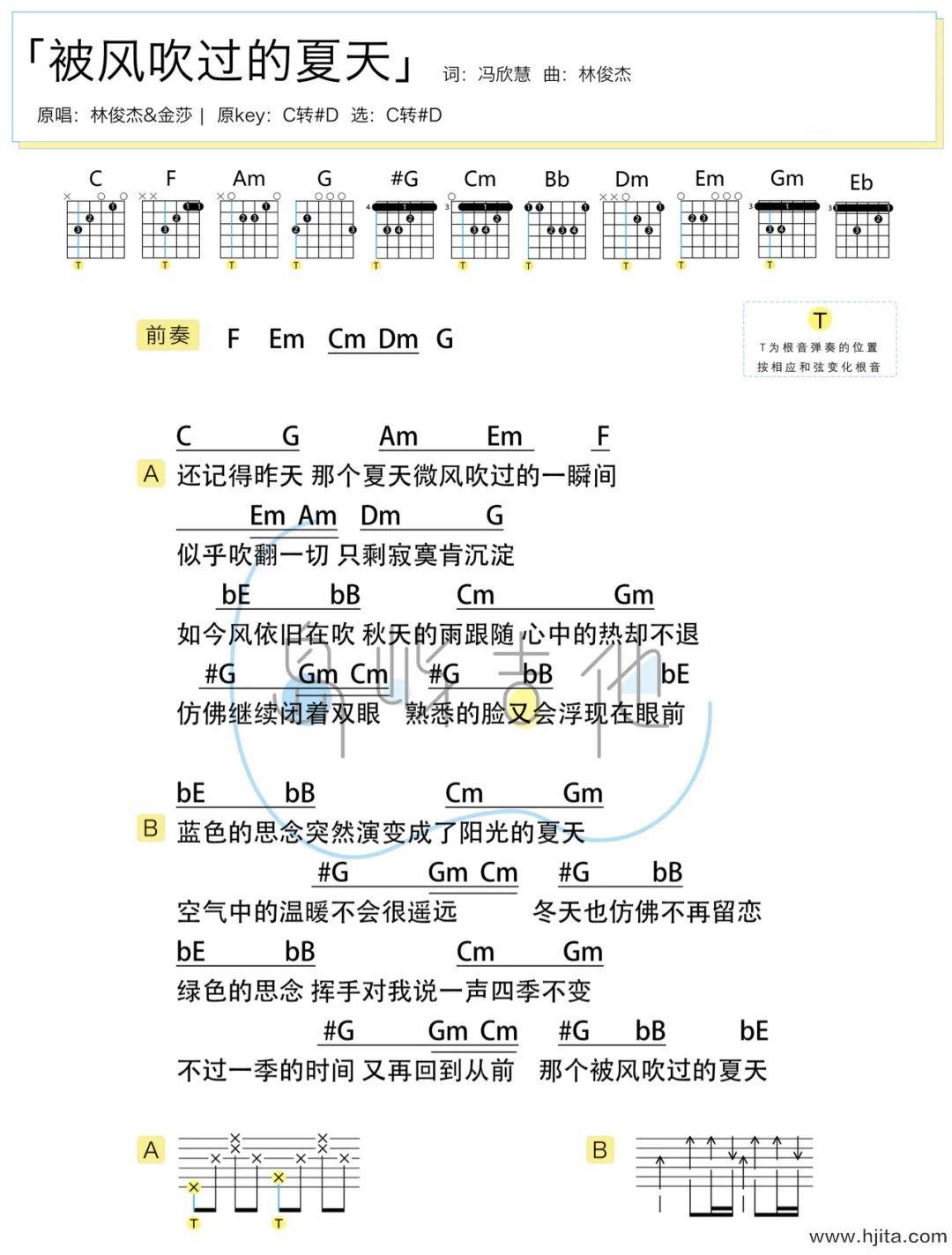 被风吹过的夏天吉他谱-林俊杰/金莎-C转#D简单版-附PDF图片谱