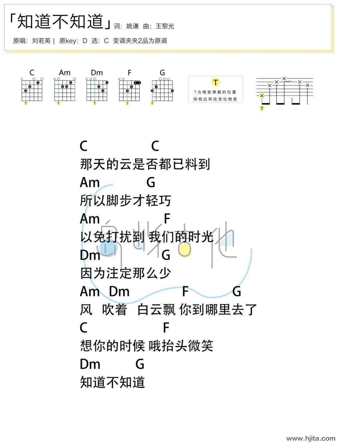 知道不知道吉他谱-刘若英-C调简单版-附PDF图片谱